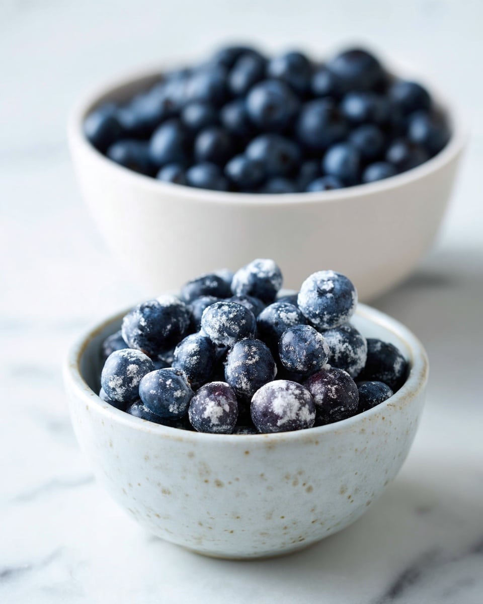 There is a close-up of two white bowls placed on a white marbled surface. The bowl in the foreground is light gray and filled with dark blue blueberries, some of which are coated with a light layer of white powder. Behind it, slightly out of focus, there is another white bowl filled with plain dark blue blueberries. The lighting is soft and natural, highlighting the round, smooth texture of the berries. photo taken with an iphone --ar 4:5 --v 7