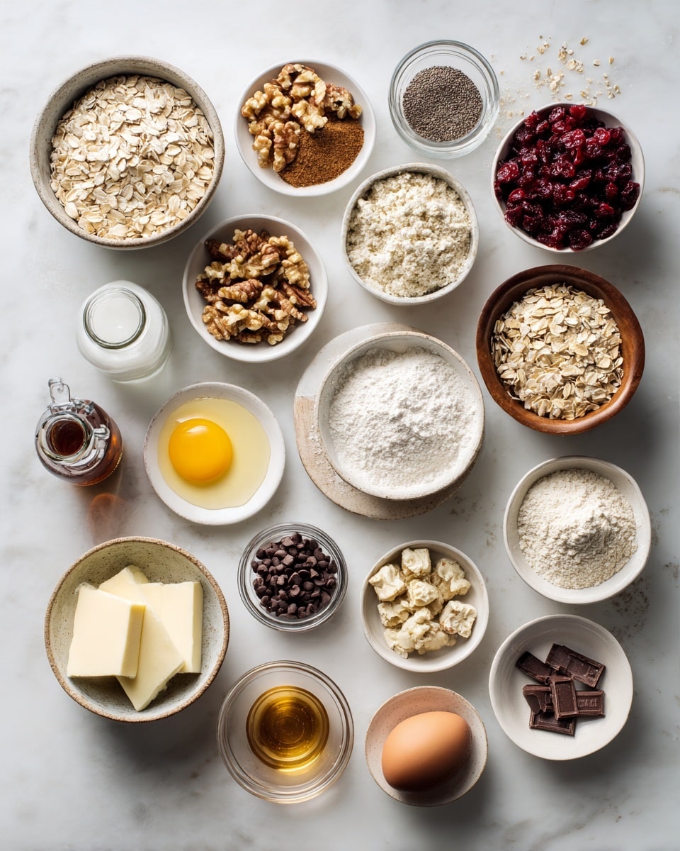 Top-down professional food photography flat lay style, bright white marble countertop, neatly arranged, evenly spaced, tidy, clean organized layout, include: bowl of oats, small bowl of chia seeds, bowl of chopped walnuts, bowl of dried cranberries, small bowl of pumpkin spice, bowl of rice krispies, bowl of dark chocolate chips, small bowl of baking powder, bowl of gluten-free flour, small glass bottle of vanilla flavoring, small glass measuring cup of honey, small plate with unsalted butter, small plate with egg, bowl of packed light brown sugar, bright soft natural lighting, sharp focus, high detail textures, realistic reflections, professional DSLR look, 4K, no finished dish, no cooked food, no hands, no text, no watermark, no brand logos --ar 4:5 --v 7