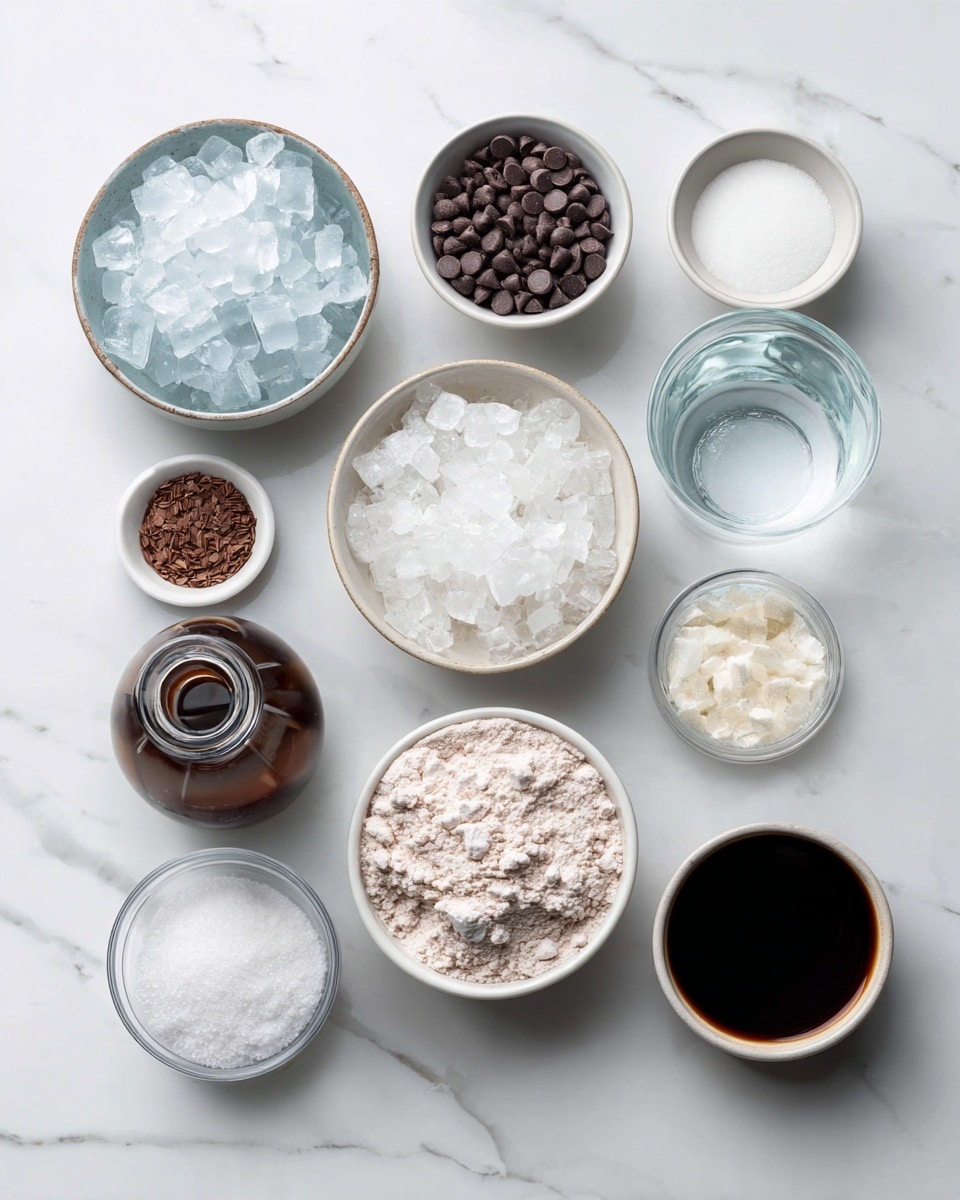 Top-down professional food photography, flat lay style, bright white marble countertop, neatly arranged, evenly spaced, tidy, clean organized layout, include: bowl of crushed ice, small bowl of guar gum powder, small bowl of protein powder, small bowl of sugar-free chocolate chips, small glass cup of water, small bottle of chocolate syrup drizzle, bright soft natural lighting, sharp focus, high detail textures, realistic reflections, professional DSLR look, 4K, no finished dish, no cooked food, no hands, no text, no watermark, no brand logos --ar 4:5 --v 7