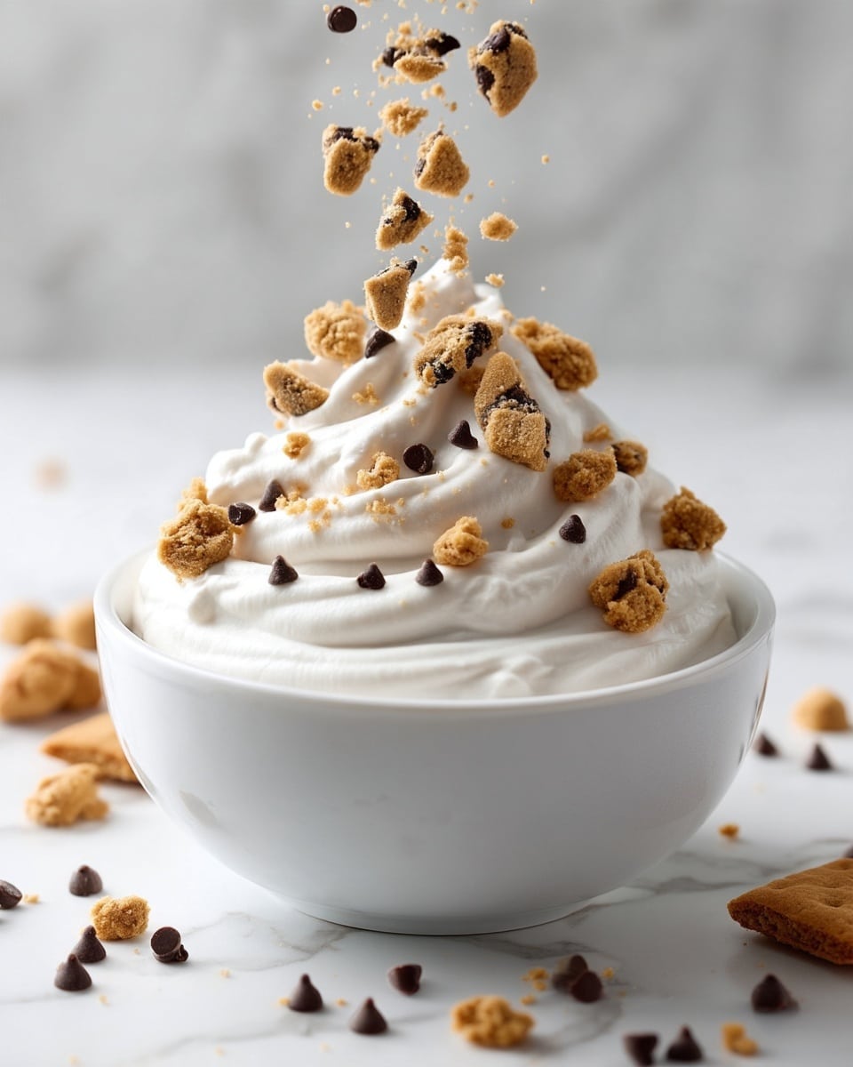 A white bowl filled with one thick creamy layer of white whipped cream topped with small light brown cookie chunks and tiny dark chocolate chips scattered over it. Some cookie crumbs and mini chocolate chips are shown falling above the bowl. The bowl is placed on a white marbled surface. photo taken with an iphone --ar 4:5 --v 7
