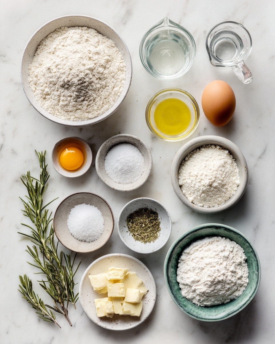 Top-down professional food photography, flat lay style, bright white marble countertop, neatly arranged, evenly spaced, tidy, clean organized layout, include: bowl of gluten free all purpose flour blend with xanthan gum, small bowl of tapioca starch, small bowl of psyllium husk powder, small bowl of instant yeast, small bowl of sugar, small bowl of fine sea salt, glass measuring cup of warm water, small glass cup of olive oil, small plate with one large egg, small glass cup of apple cider vinegar, small glass cup of olive oil mixed with minced garlic, small bowl of grated parmesan cheese, small bowl of chopped rosemary, small bowl of flaky sea salt, bright soft natural lighting, sharp focus, high detail textures, realistic reflections, professional DSLR look, 4K, no finished dish, no cooked food, no hands, no text, no watermark, no brand logos --ar 4:5 --v 7