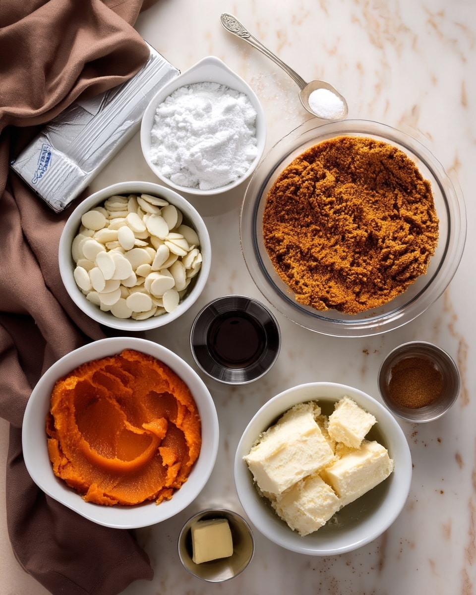The image shows several bowls and containers with baking ingredients arranged on a white marbled surface. There is a large clear bowl filled with brown sugar with a crumbly texture at the bottom right. Above it, a white small bowl holds white powdery sugar. Below the sugar, a tiny metal bowl contains salt. To the left of these, another white bowl is filled with smooth, bright orange pumpkin puree. Below that, a white bowl contains flat, round white chocolate pieces. Next to it is a small metal bowl with a square piece of butter. A small metal cup with brown cinnamon powder sits between the pumpkin and sugar bowls, and a dark liquid in a small metal cup is placed above it. At the top left corner, a silver foil-wrapped stick of cream cheese lies flat. There is a soft brown cloth draped partially visible near the top left corner of the image. photo taken with an iphone --ar 4:5 --v 7