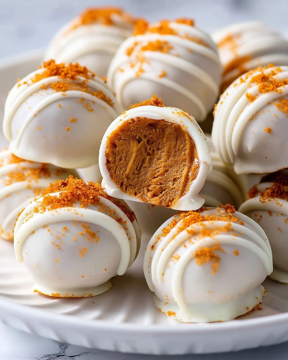 The image shows several round truffles with a smooth, light brown center coated in a thick, glossy white chocolate layer. Each truffle has decorative white chocolate drizzle lines evenly spaced around the top, with small orange crumb sprinkles scattered on top of the white chocolate. One truffle is held up, clearly showing the textured, dense brown filling inside. All truffles rest on a white plate with subtle ribbed edges, and the background is a white marbled surface. photo taken with an iphone --ar 4:5 --v 7