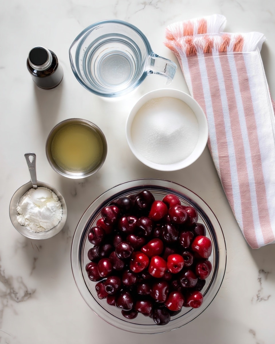 A clear glass bowl filled with dark red cherries sits at the bottom center of the image, showing a mix of shiny, round, and plump fruits. Above it to the right is a white bowl of white sugar that looks fine and smooth. To the left of the sugar bowl, a small silver cup contains a pale yellow liquid. Above that, a black small bottle is placed next to a white dish with white powder and a scoop of what appears to be vanilla or cream at the top. At the top center, there is a clear glass measuring cup filled with water, and a white towel with pink and white stripes is folded and placed on the top right side, all set on a white marbled surface. Photo taken with an iphone --ar 4:5 --v 7