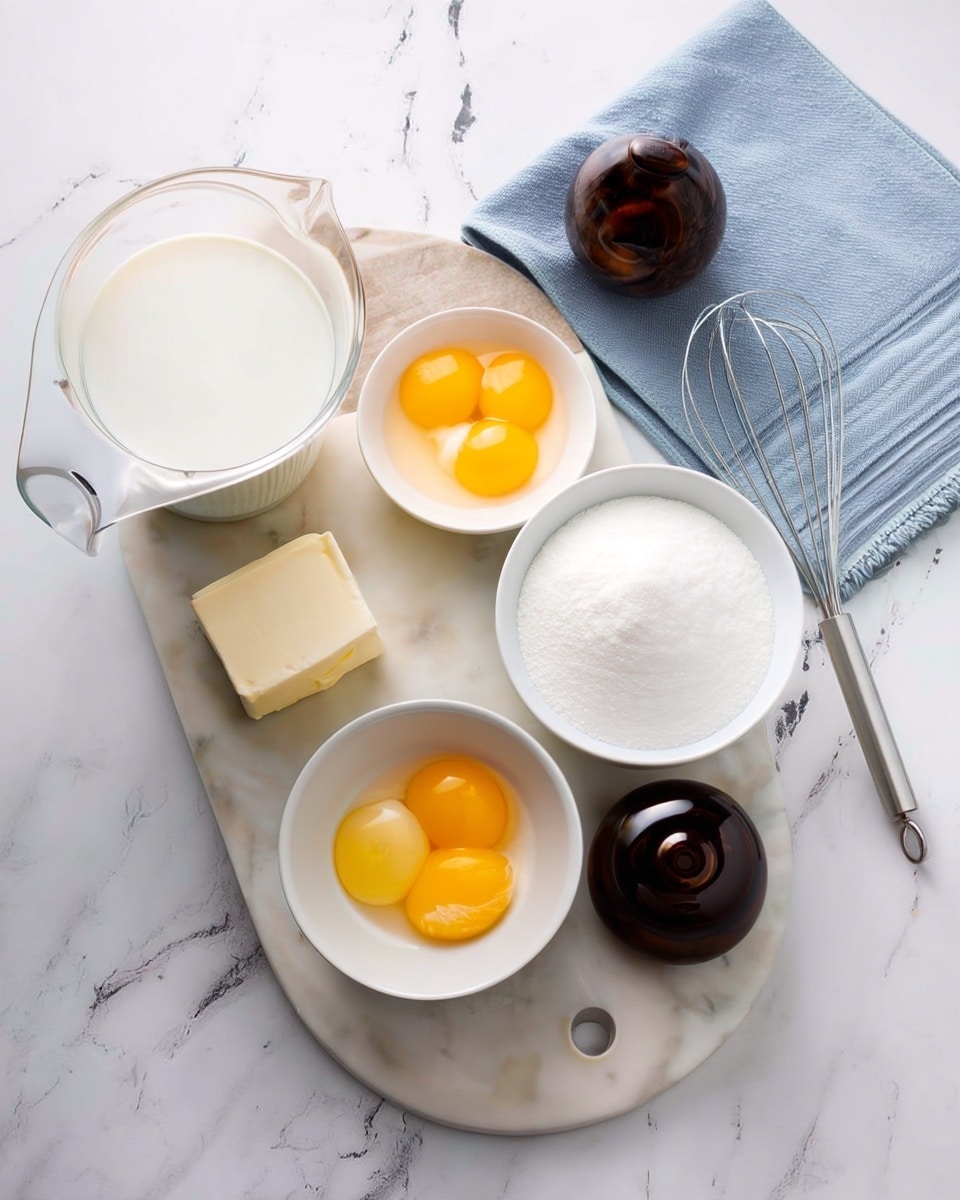 The image shows a white marbled surface with a round white marble board in the center holding several ingredients. On the board there is a clear glass jug filled with creamy milk on the left side, a small white bowl with three bright yellow egg yolks below it, a medium white bowl with white sugar to the right of the egg yolks, a smaller white bowl with a square piece of pale yellow butter next to the sugar bowl, and a small white bowl with white powder above the sugar bowl. To the right of the board, on the white marbled surface, there is a small dark brown bottle and a metal whisk next to a light blue folded cloth. photo taken with an iphone --ar 4:5 --v 7