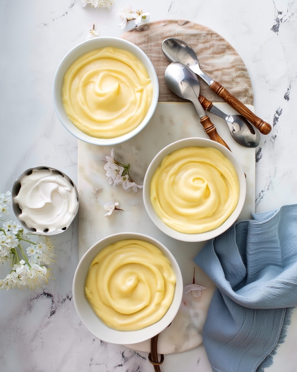 Three white bowls are filled with smooth, creamy pale yellow pudding, each showing a gentle swirl pattern on top. They are arranged on a small white marbled board, with two silver spoons with wooden handles resting beside the top bowl. Nearby, there is a small white bowl with a ripple texture, filled with a thick white cream, and a soft blue cloth is casually placed on the white marbled surface. Small white flowers add a simple decoration to the clean, bright setting. Photo taken with an iphone --ar 4:5 --v 7