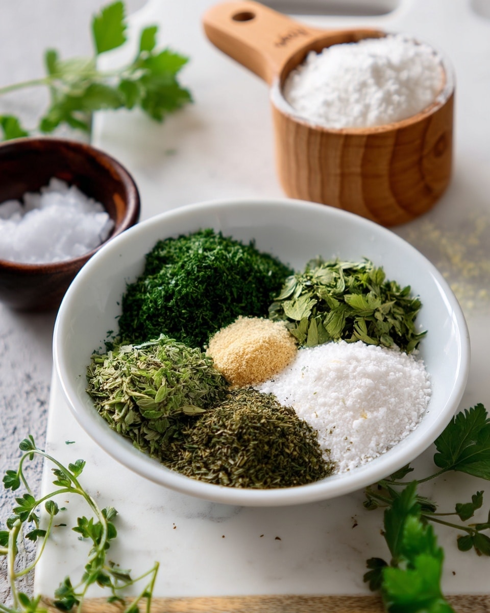 The image shows a small white bowl placed on a white marbled surface, filled with five different dry herbs and spices arranged in separate small piles: dark green dried parsley, light green dried dill, off-white salt, pale yellow garlic powder, and medium green dried cilantro. Behind the bowl, there is a wooden scoop filled with a white powder, sitting on a white marbled cutting board. To the left, a small dark wood bowl contains flaky salt, and next to it is a pepper grinder. Fresh green herb sprigs are scattered lightly on the white marbled surface around the setup. Photo taken with an iphone --ar 4:5 --v 7
