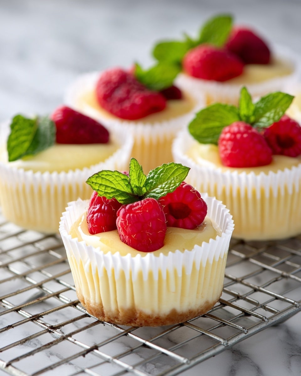 The image shows several small cheesecakes in white paper cups placed on a cooling rack. Each cheesecake has two layers: a light creamy yellow base topped with a smooth, slightly shiny surface. On top of each cheesecake, there are three bright red raspberries arranged in a small cluster, with a few fresh green mint leaves nestled beside them. The background is a white marbled texture, adding a clean and soft feel to the photo taken with an iphone --ar 4:5 --v 7
