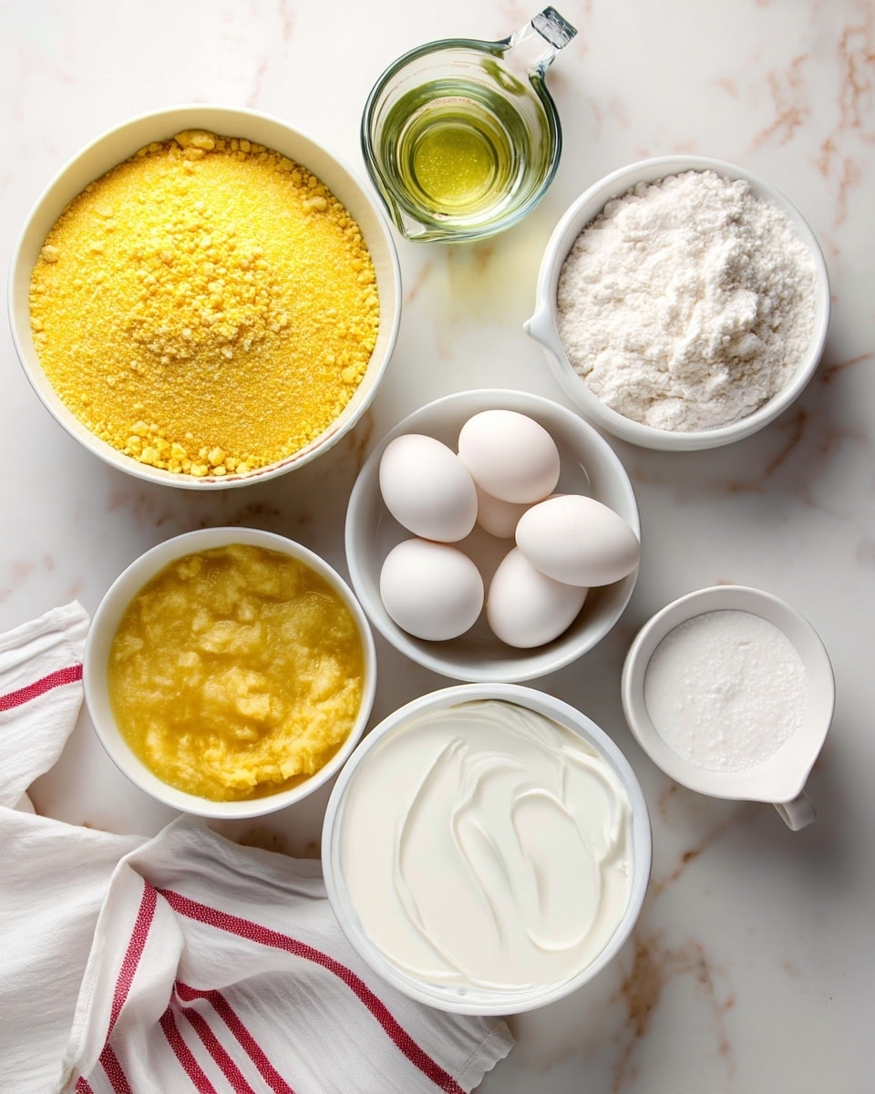The image shows various baking ingredients arranged on a white marbled surface. There is a large white bowl filled with yellow cornmeal at the top left, a clear glass measuring cup with light golden oil just above the middle, and a small white bowl of white flour to the right. Four white eggs are placed in the center. Below the eggs are two white bowls with yellow mashed banana, one larger and one smaller. To the right of the smaller bowl is a small white jar of white baking soda, and at the bottom right is a large white bowl of thick white yogurt. A small white pitcher with white baking powder is at the bottom left, and a white cloth with red stripes peeks in from the lower left corner. photo taken with an iphone --ar 4:5 --v 7
