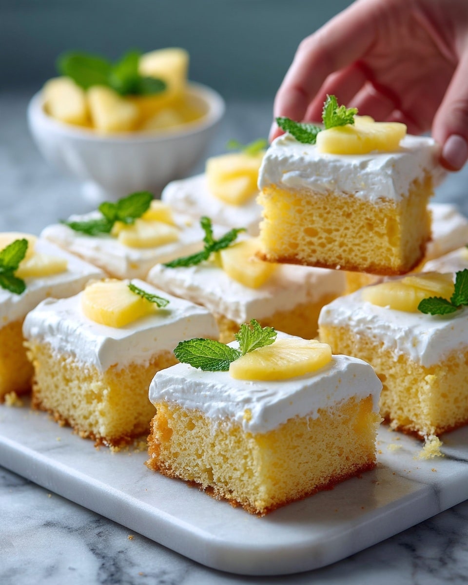 The image shows a white marble surface covered with square pieces of cake arranged closely. Each piece has two layers: a bottom layer that is light golden yellow with a spongy texture, and a thick top layer of white whipped frosting with a creamy texture. Some pieces are decorated with small, bright yellow pineapple slices placed on top, paired with small green mint leaves for color contrast. One piece is lifted slightly by a woman's hand, showing the soft, airy interior of the yellow cake layer. In the background, a white bowl with more pineapple slices and mint leaves is visible, adding a fresh touch to the scene. photo taken with an iphone --ar 4:5 --v 7