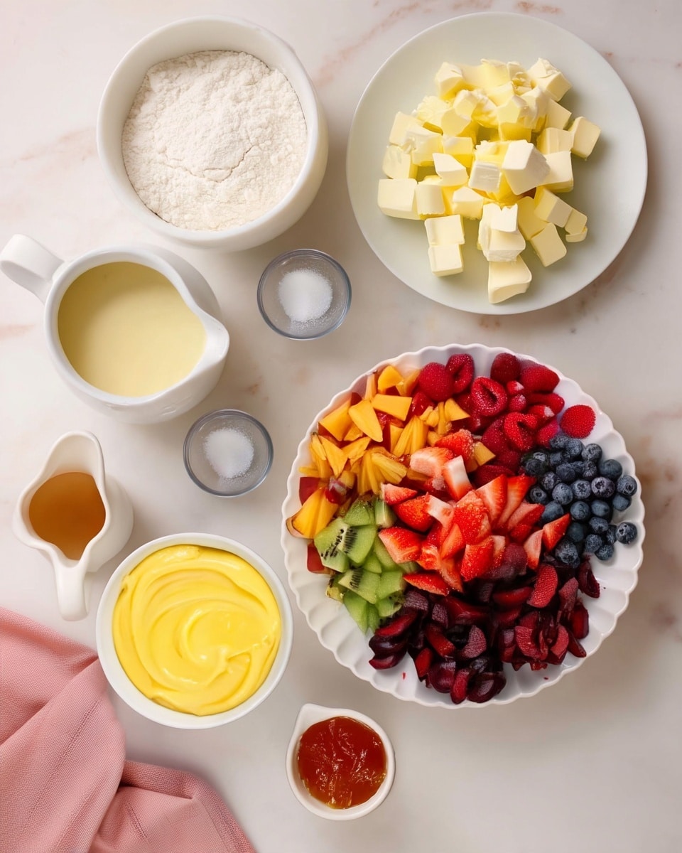 A white bowl filled with white flour sits on a white marbled surface toward the left; above it is a smaller white bowl holding fine white sugar. To the right, there is a white plate with many cubed pieces of pale yellow butter. Below these ingredients is a small white jug with light cream-colored milk and a tiny white bowl with a pinch of salt. On the bottom right, a larger white fluted bowl contains several kinds of colorful cut fruit arranged in sections: orange-yellow peach pieces, bright red raspberries, deep blue blueberries, green kiwi slices, red strawberries, and dark red cherries. Near the bottom left is a white bowl with smooth yellow custard cream, and in front of it, there is a very small white pitcher with orange jam. A soft pink cloth is partially visible on the bottom left side of the image. The photo is taken with an iphone --ar 4:5 --v 7