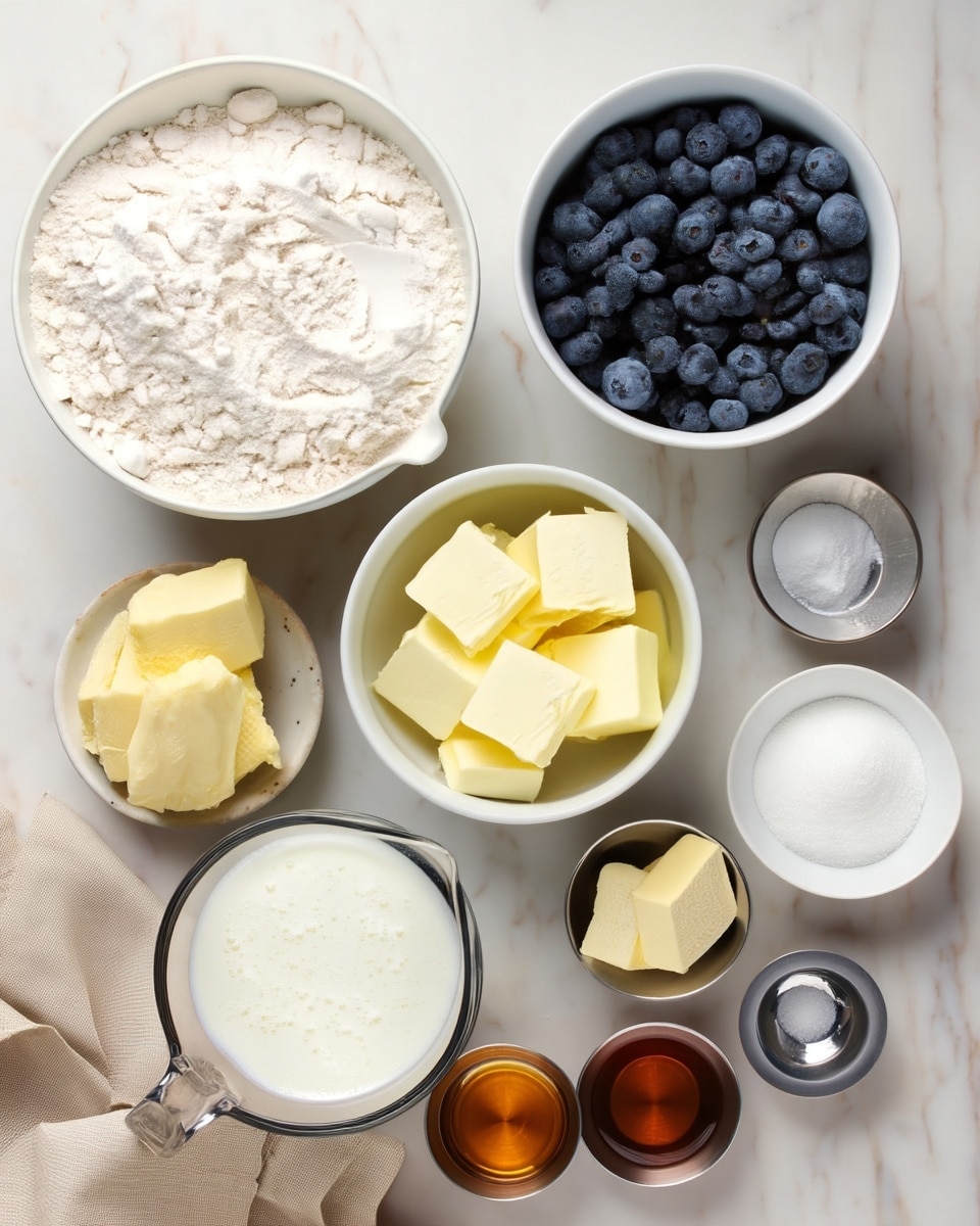 The image shows an overhead view of various baking ingredients neatly arranged on a white marbled surface. There is a large white bowl filled with white flour at the top left and a white bowl filled with dark blue blueberries at the top right. Below them, there is a white bowl with several blocks of pale yellow butter. Surrounding these are smaller metal bowls containing white sugar, baking powder, salt, and baking soda. A clear glass measuring cup holds creamy white milk near the bottom left, and two tiny metal bowls contain a small piece of butter and amber-colored vanilla extract near the bottom right. A beige cloth is partially visible at the bottom left corner. The photo taken with an iphone --ar 4:5 --v 7