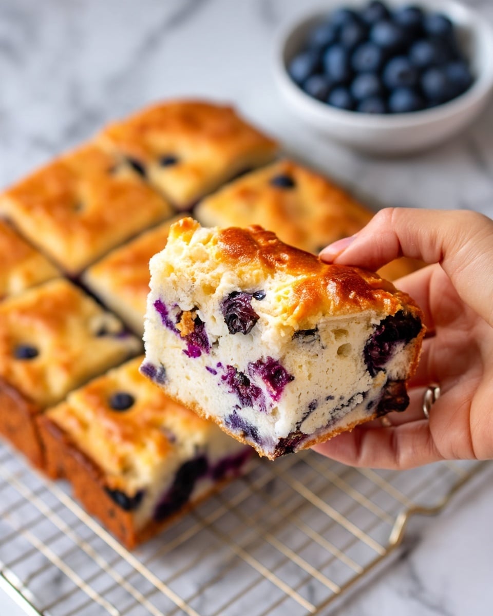 A close-up of a single square piece of blueberry cake being held by a woman's hand, showing its soft and light texture with many dark purple blueberries spread throughout the pale yellow cake. The piece has a light golden-brown crust on top. Below the held piece is the rest of the cake, cut into squares, with a similar golden-brown top and blueberries visible inside. The cake is resting on a metal cooling rack, placed on a white marbled surface, with a small white bowl of fresh blueberries blurred in the background. photo taken with an iphone --ar 4:5 --v 7