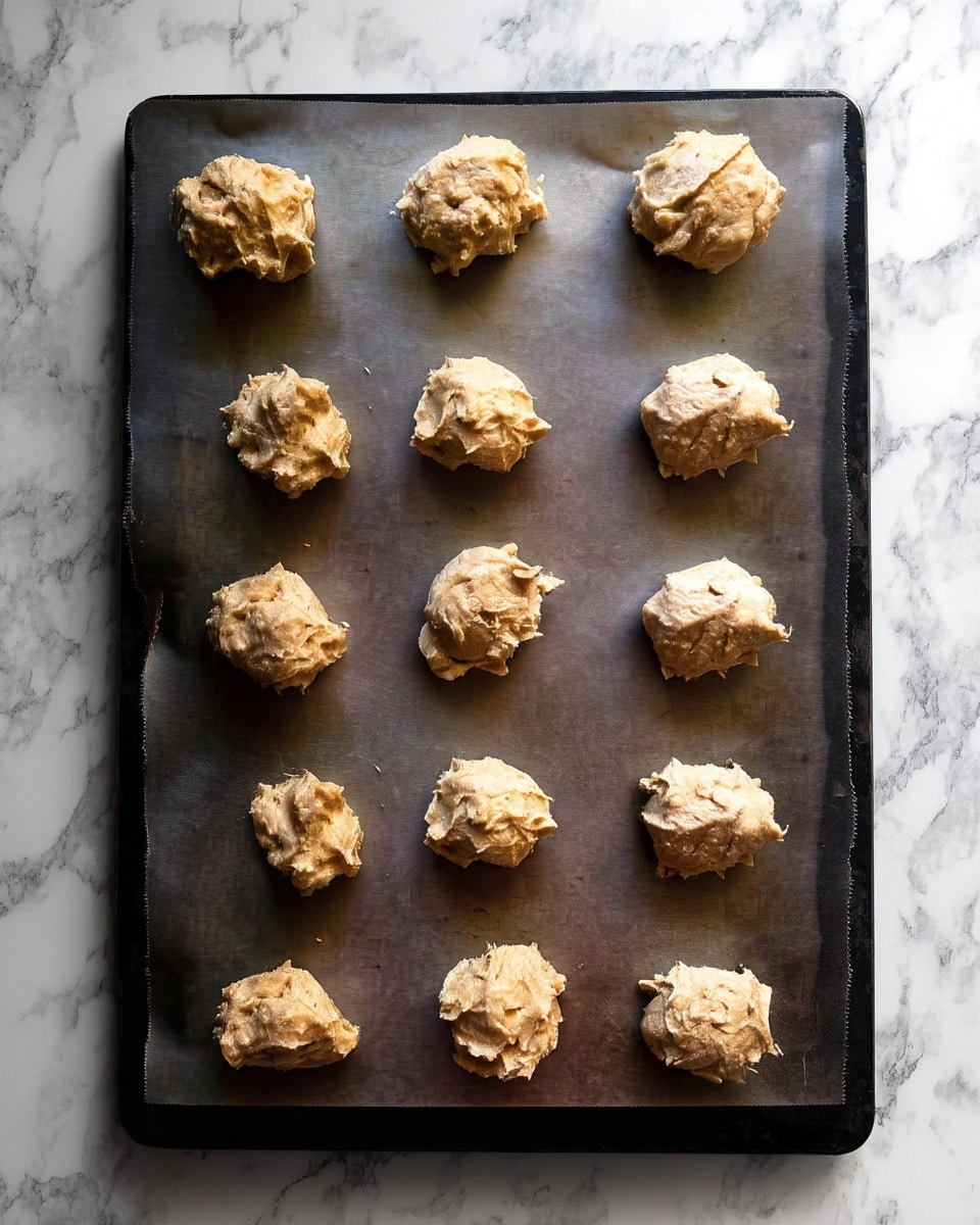 The image shows twelve rough, uneven balls of light brown dough placed in rows on dark parchment paper. Each dough ball has a lumpy, textured surface, with small bumps and ridges, and they are spaced evenly apart. The background beneath the parchment paper is a white marbled texture. The photo taken with an iphone --ar 4:5 --v 7