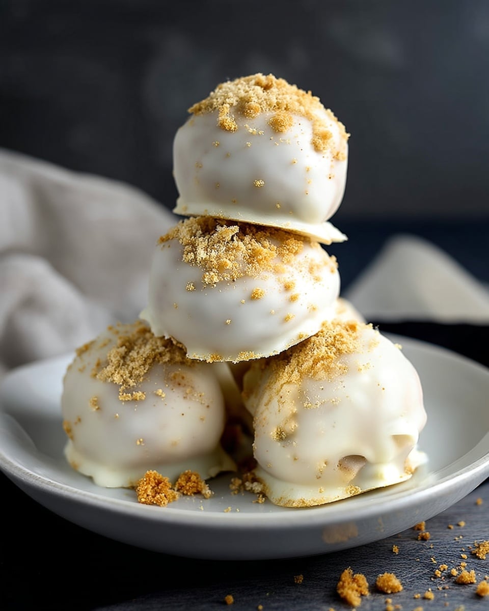 Three round dessert balls covered in smooth white icing with a slightly shiny texture are stacked on a white plate. Each ball is topped with a golden crumbly sprinkle that adds a rough texture over the glossy white icing. The plate sits on a dark surface with a soft, gray cloth partially visible nearby, and the background is black with gentle light and shadow contrasts. The overall look is clean and simple, highlighting the white and golden colors of the treats. Photo taken with an iphone --ar 4:5 --v 7