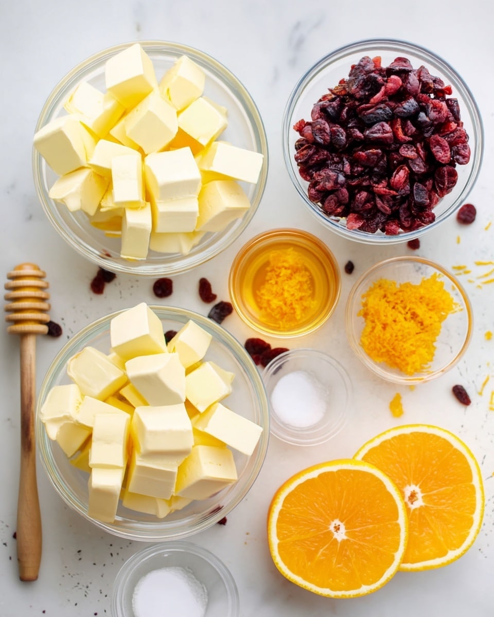 The image shows several clear glass bowls arranged on a white marbled surface. One large bowl is filled with pale yellow butter cubes, while another large bowl holds dark red dried cranberries. A small bowl contains bright orange grated zest, and another small bowl has white salt. There is a wooden honey dipper resting inside a small bowl of golden honey. Two halves of a bright orange, sliced cleanly, are placed near the bowls, with scattered small bits of orange zest and dried cranberries around them. The setting is clean and bright, with a top-down view. photo taken with an iphone --ar 4:5 --v 7