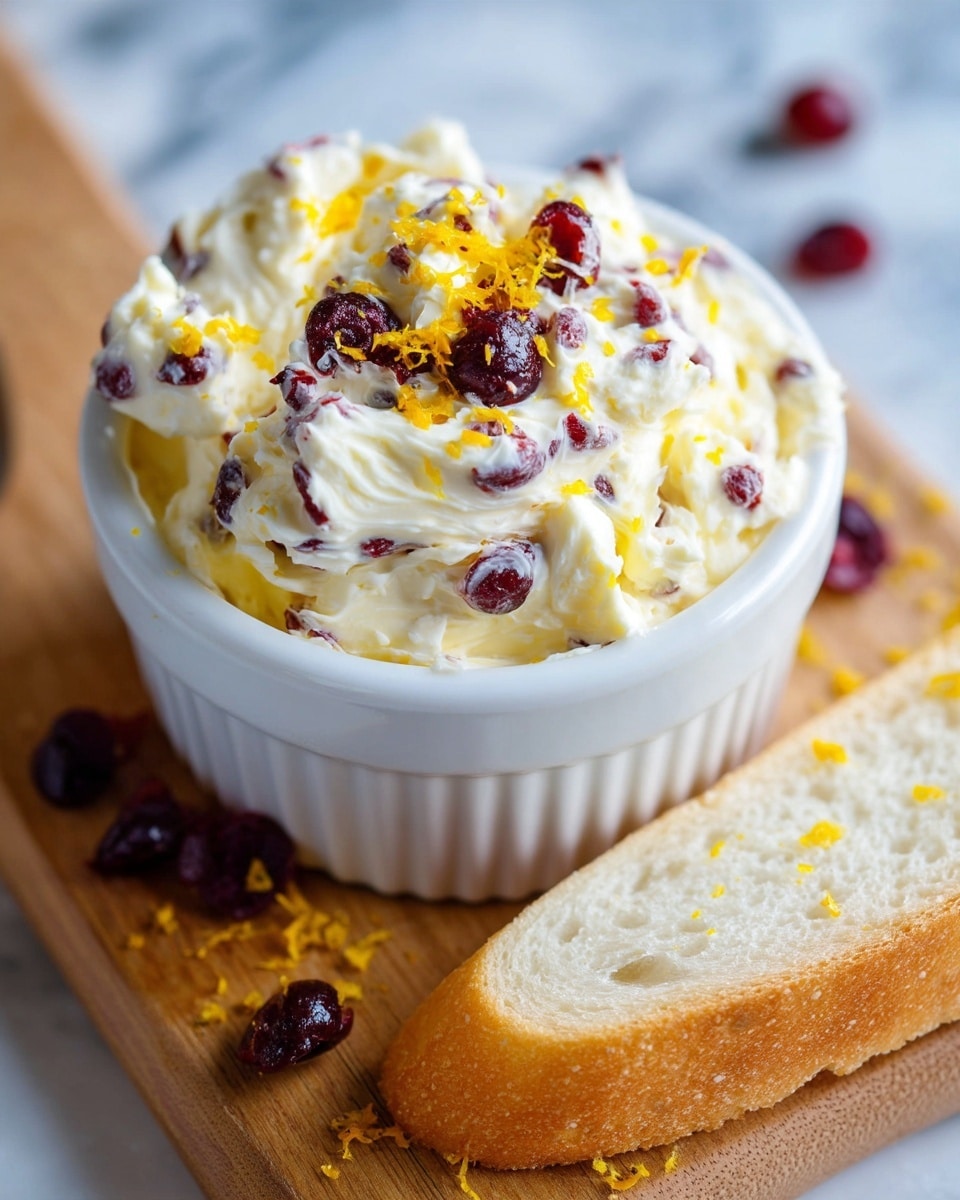 The image shows a white ramekin filled with creamy butter mixed with small dark red cranberry bits, sitting on a wooden board with some yellow orange zest scattered on top. Next to the ramekin is a piece of light brown toasted bread. On the left side of the image, a close-up of the butter shows a rich texture with large white butter chunks topped with finely chopped dark red cranberries and bright yellow-orange zest on a white marbled surface. The colors combine white, yellow-orange, and dark red with soft and rough textures. Photo taken with an iphone --ar 4:5 --v 7