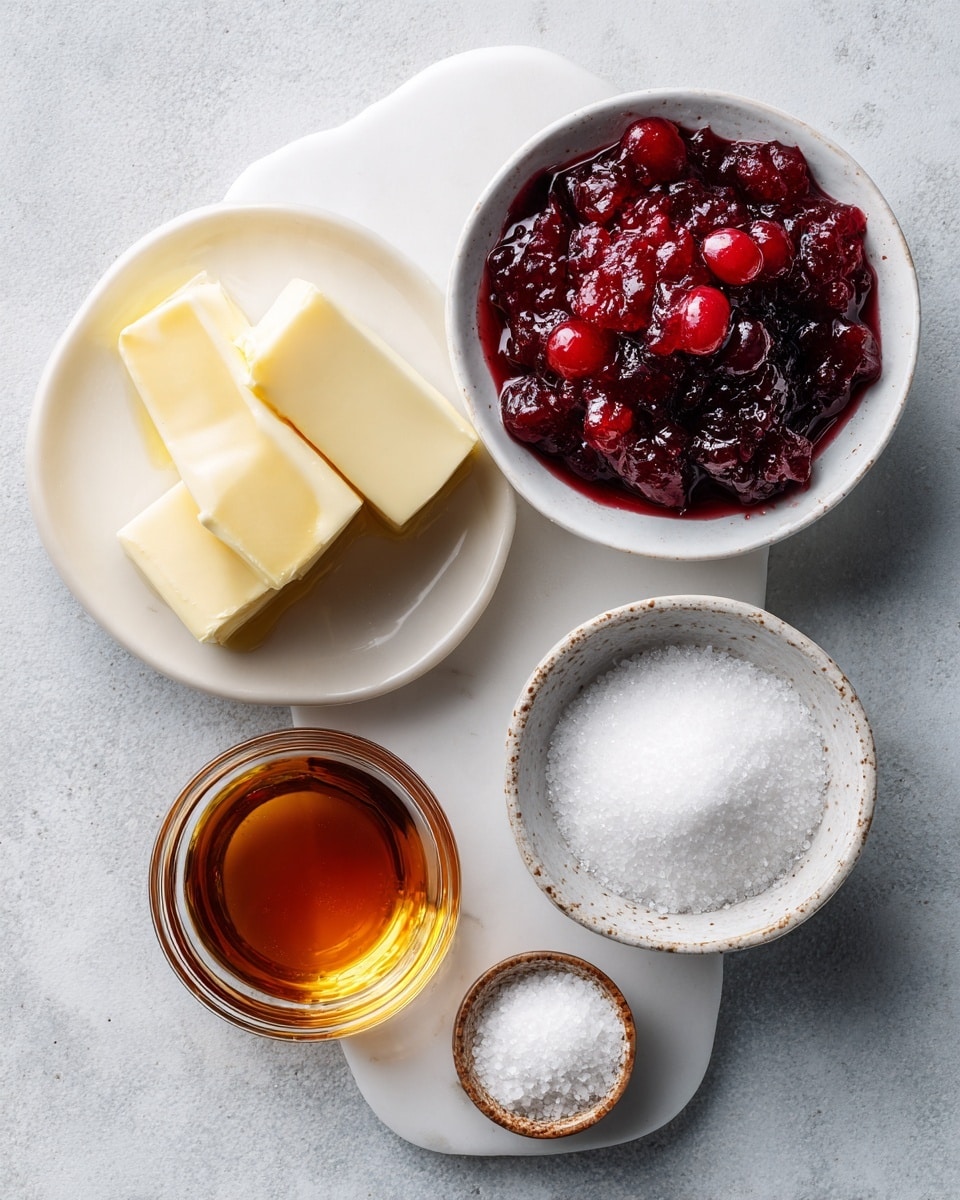 Top-down professional food photography flat lay style, bright white marble countertop, neatly arranged, evenly spaced, tidy, clean organized layout, include: small plate of unsalted butter, small bowl of whole berry cranberry sauce, small glass cup of honey, small pinch bowl of kosher salt, bright soft natural lighting, sharp focus, high detail textures, realistic reflections, professional DSLR look, 4K, no finished dish, no cooked food, no hands, no text, no watermark, no brand logos --ar 4:5 --v 7
