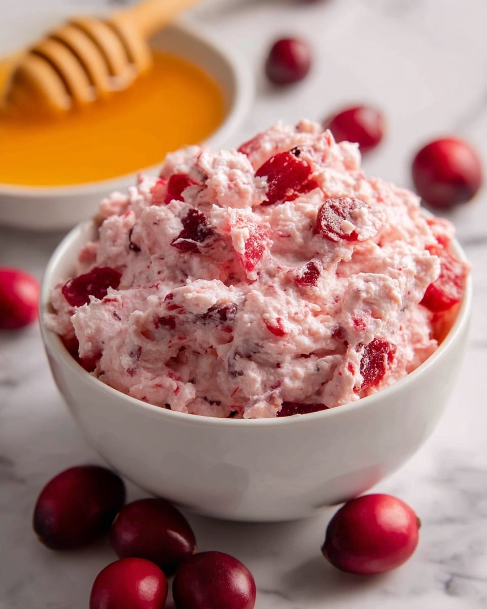 A white bowl filled with a thick, creamy mixture of pale pink color with visible chunks of bright red fruit scattered throughout. The mixture has a fluffy and slightly textured look, sitting high in the bowl with uneven peaks and valleys. Around the bowl, there are whole bright red fruits on a white marbled surface. Part of a white bowl with orange liquid and a wooden honey dipper are visible in the top left corner. photo taken with an iphone --ar 4:5 --v 7