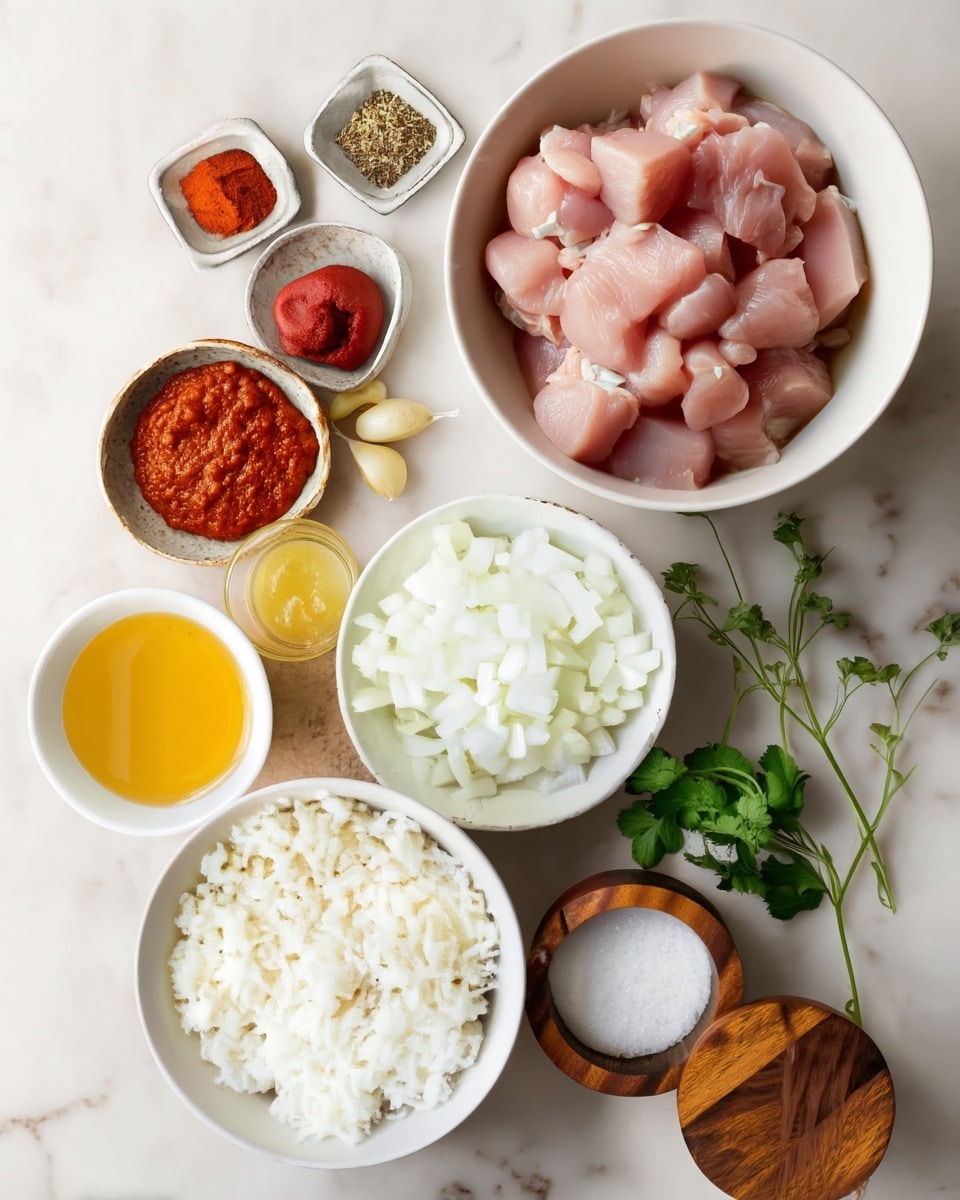 The image shows an arrangement of cooking ingredients on a white marbled surface. In the top right, there is a white bowl filled with pink raw chicken pieces. To its left, there are three small white dishes: one with red paste, one with three garlic cloves, and one with orange and black spices. Below these, there is a small white bowl with a yellow sauce next to a white bowl full of chopped white onions. On the bottom left, a white bowl has cooked white rice, and to the right of it is a wooden container with a white powder, likely salt, with a wooden lid resting next to it. A small bunch of fresh green herbs lies near the salt container. Photo taken with an iphone --ar 4:5 --v 7