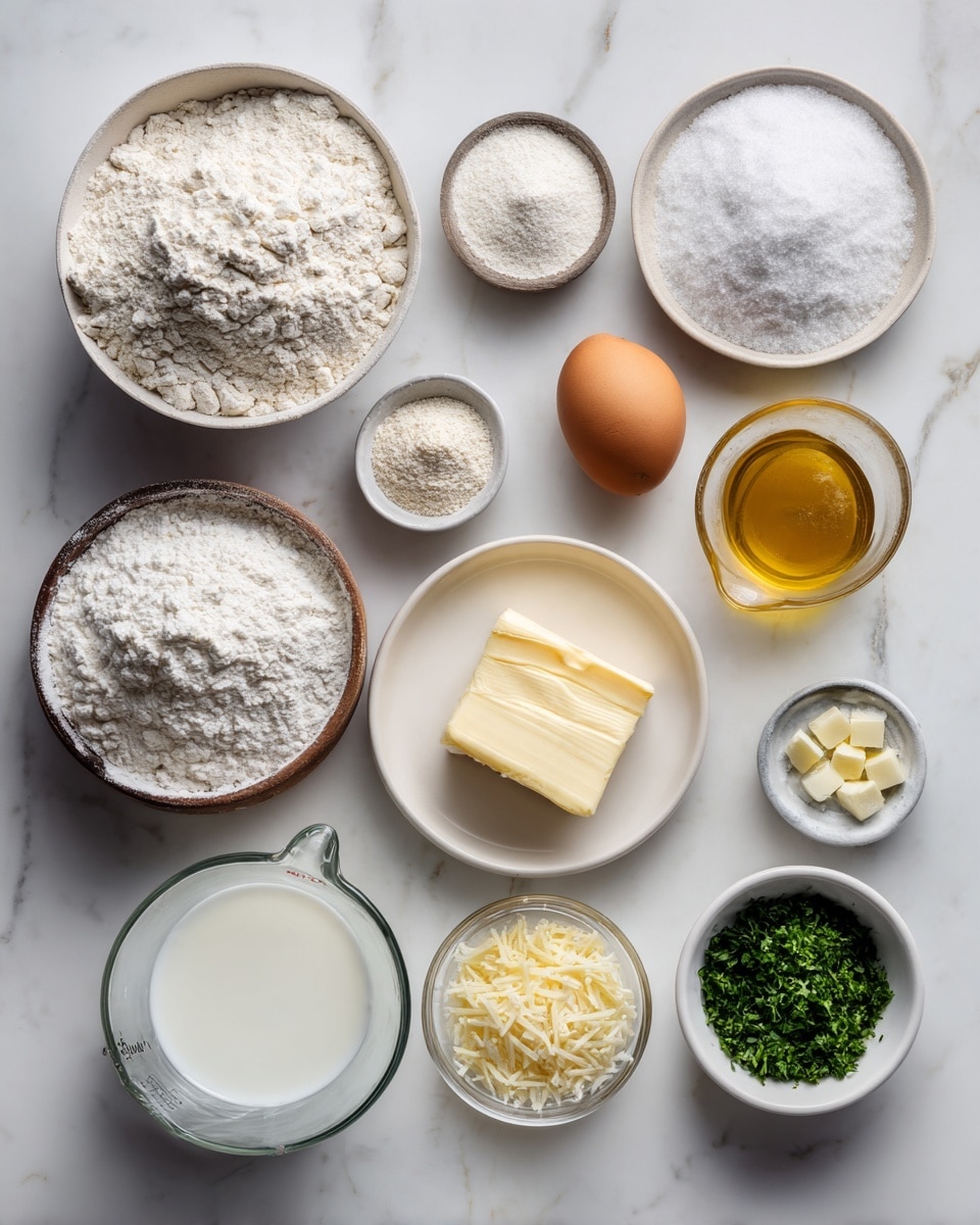 Top-down professional food photography flat lay style, bright white marble countertop, neatly arranged, evenly spaced, tidy, clean organized layout, include: bowl of gluten free all purpose flour with xanthan gum, small bowl of psyllium husk powder, small bowl of granulated sugar, small bowl of instant yeast, small bowl of baking powder, small bowl of fine sea salt, glass measuring cup of warm whole milk, small plate with one large egg, small glass cup of olive oil, small glass cup of apple cider vinegar, small plate with salted butter, small bowl of minced garlic cloves, small bowl of finely chopped fresh parsley, small bowl of grated parmesan cheese, bright soft natural lighting, sharp focus, high detail textures, realistic reflections, professional DSLR look, 4K, no finished dish, no cooked food, no hands, no text, no watermark, no brand logos --ar 4:5 --v 7
