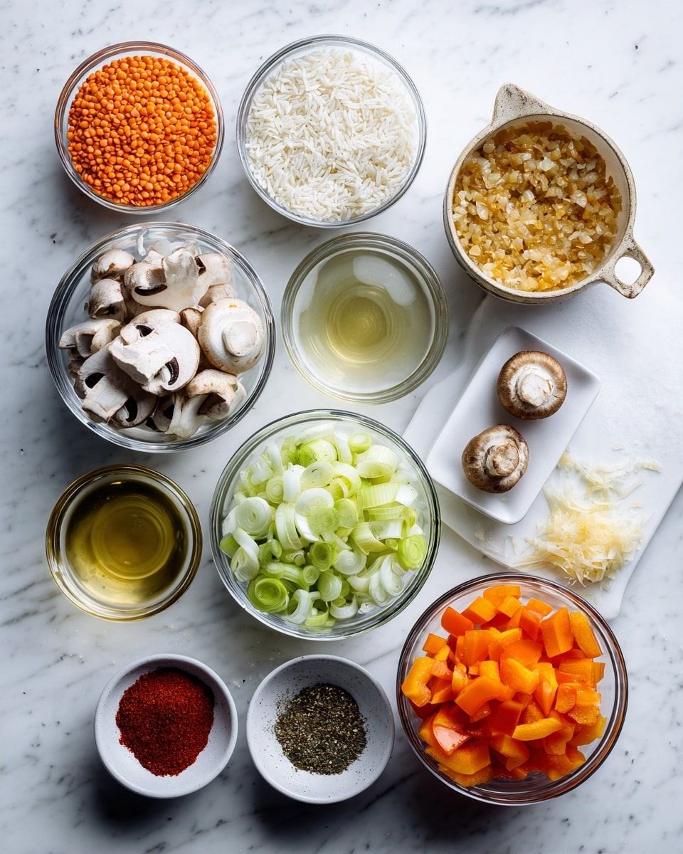 Top-down professional food photography, flat lay style, bright white marble countertop, neatly arranged, evenly spaced, tidy, clean organized layout, include: small bowl of red lentils, small bowl of white rice, glass measuring cup of vegetable stock, small glass cup of oil, small bowl of sliced leek, small bowl of diced orange bell pepper, small bowl of diced mushrooms, small bowl of diced courgette (zucchini), small bowl of smoked paprika, small bowl of cayenne pepper, small bowl of black pepper, small bowl of grated cheddar cheese, bright soft natural lighting, sharp focus, high detail textures, realistic reflections, professional DSLR look, 4K, no finished dish, no cooked food, no hands, no text, no watermark, no brand logos --ar 4:5 --v 7