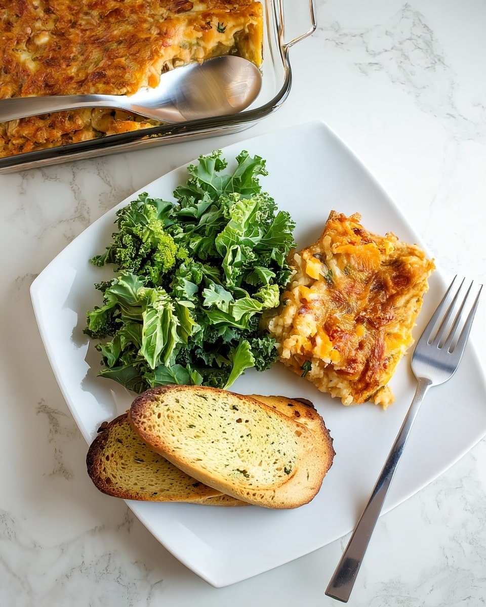 A white plate holds three main parts: on the left, a pile of fresh, curly green kale leaves with a slightly rough texture; top right has a thick, square piece of baked casserole with a golden brown crust and visible bits of orange and beige inside; the bottom right shows two pieces of toasted bread, golden brown with a greenish herb spread and crunchy edges. Next to the plate on a white marbled surface is a silver fork, and above is a glass baking dish with a spoon and more casserole inside. Photo taken with an iphone --ar 4:5 --v 7