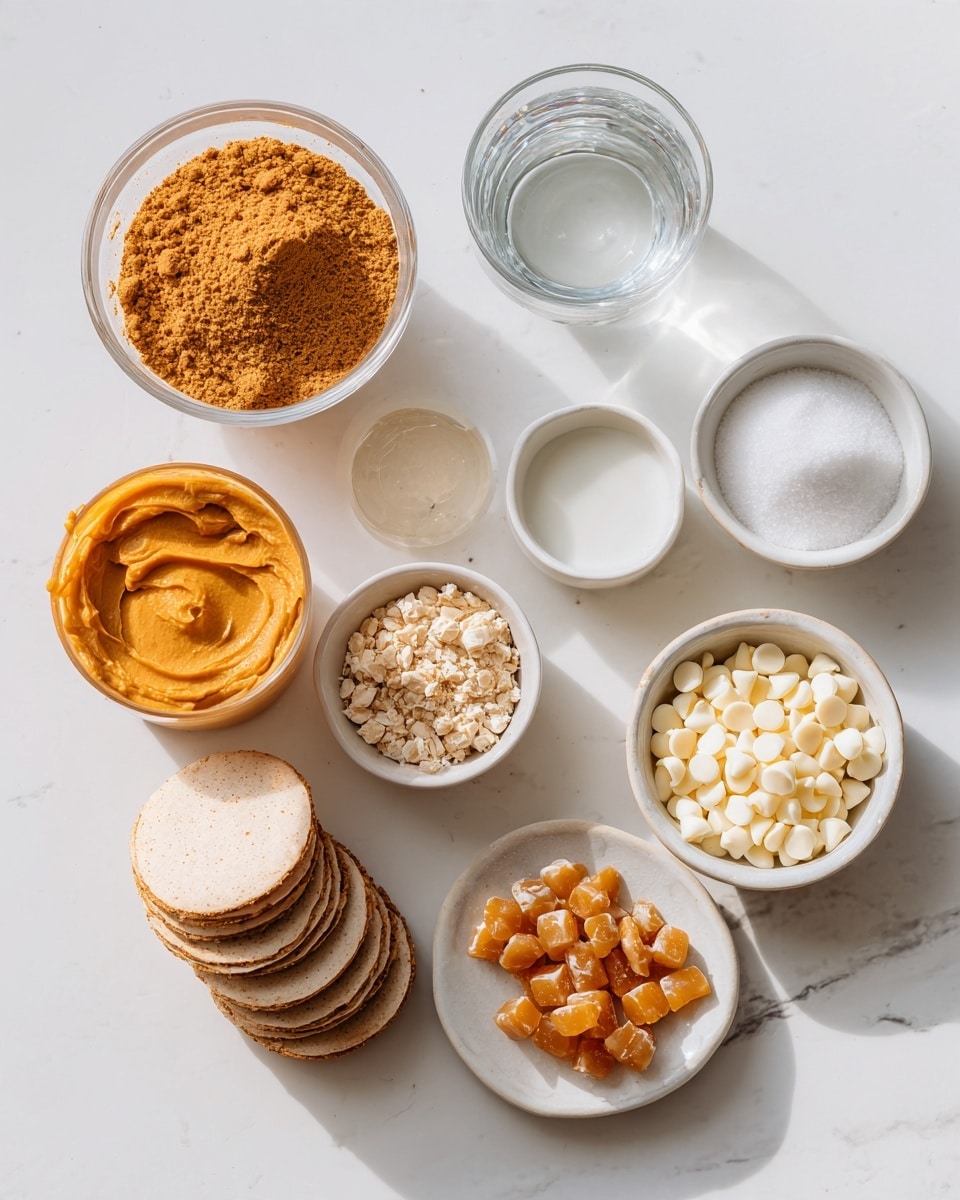 Top-down professional food photography, flat lay style, bright white marble countertop, neatly arranged, evenly spaced, tidy, clean organized layout, include: bowl of vegan pumpkin spice protein powder, bowl of peanut powder, small glass cup of pumpkin puree, glass measuring cup of water, six rice cake thins on a small plate, small bowl of melted sugar-free white chocolate chips, small bowl of crushed sugar-free butterscotch candies, bright soft natural lighting, sharp focus, high detail textures, realistic reflections, professional DSLR look, 4K, no finished dish, no cooked food, no hands, no text, no watermark, no brand logos --ar 4:5 --v 7
