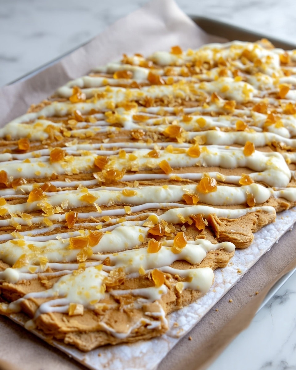 The image shows a flat dish with two main layers on parchment paper. The bottom layer is a rough, white, crispy base with a slightly uneven edge. The top layer is thick and light brown, spread unevenly with a soft texture that looks slightly fluffy or whipped. White creamy sauce is drizzled in diagonal lines across the whole dish, with a few larger blobs randomly smeared on top. Small, translucent orange pieces are scattered evenly on the surface. The whole dish is on a white marbled background. photo taken with an iphone --ar 4:5 --v 7