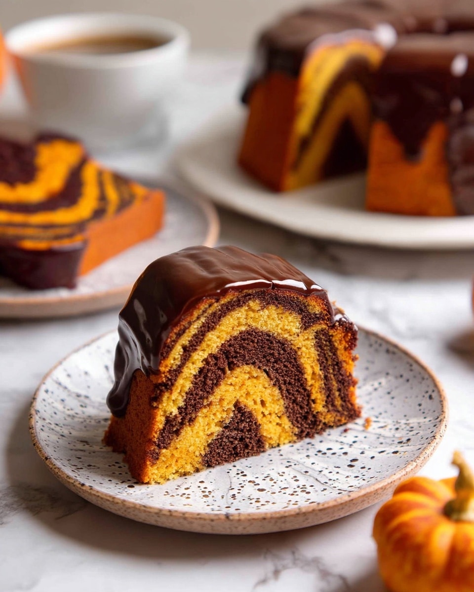 The image shows a slice of two-layer cake on a white speckled plate. The cake has alternating layers of dark brown and bright orange, creating a striped pattern in a swirling shape that fills the slice. The top of the cake is covered with a thick, shiny dark chocolate glaze that drips slightly over the edges. Around this main plate are more slices of the same cake and a whole cake covered in the same glaze in the background. The scene is set on a white marbled surface, with some small pumpkins partially visible at the edges. photo taken with an iphone --ar 4:5 --v 7