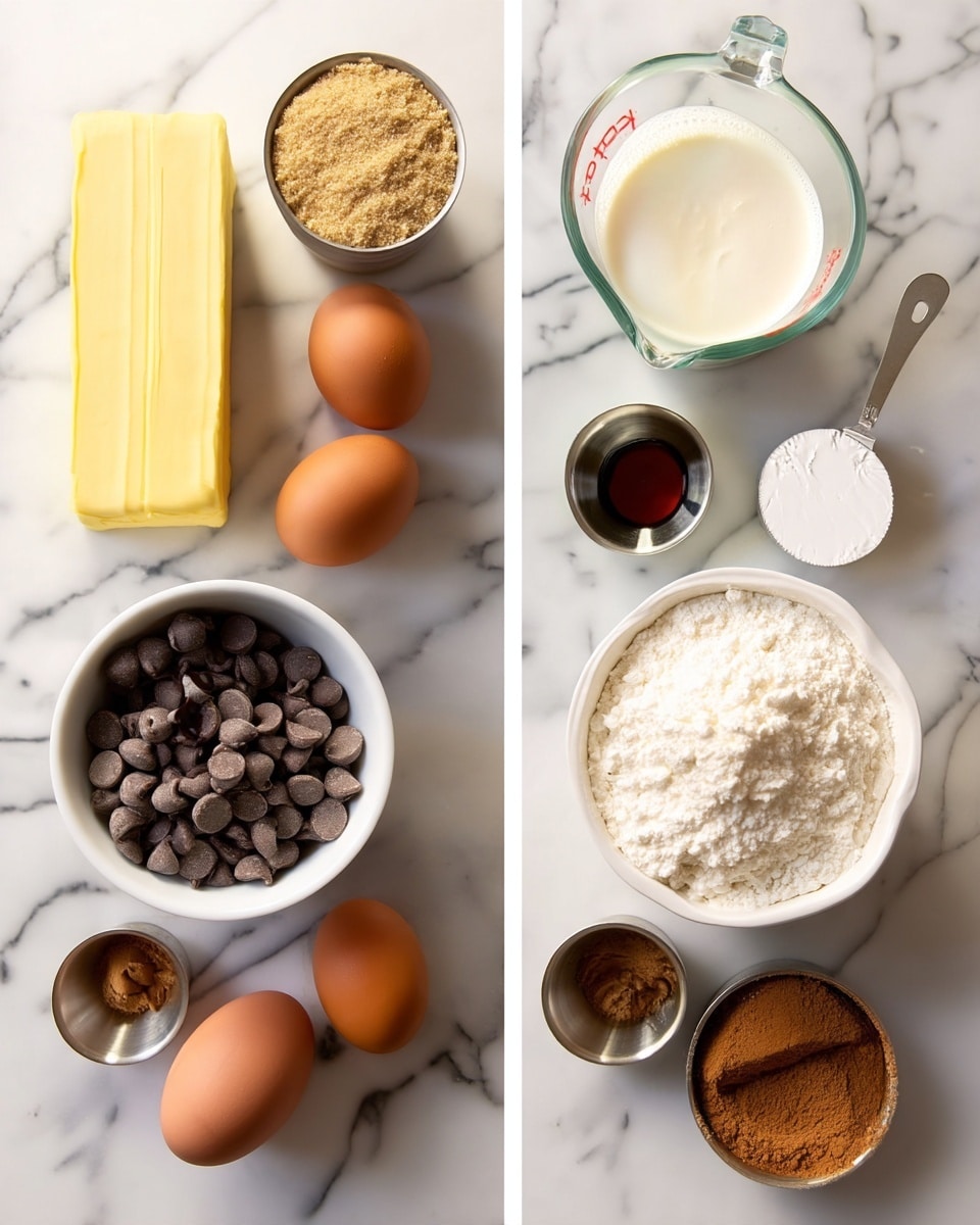 The image shows two side-by-side photos of ingredients placed on a white marbled surface. On the left side, there is a small white bowl with a yellow stick of butter standing upright, a metal measuring cup filled with white sugar, a metal measuring cup with brown sugar, two brown eggs laying near a small white bowl of dark chocolate chips, a small metal cup with dark vanilla extract, a small white bowl with a white powder (likely flour), a small metal measuring cup with salt, and a metal spoon. On the right side, ingredients include a glass measuring cup filled with milk, a white bowl filled with cream cheese or thick cream, a small metal measuring cup with white powder (likely flour), a small metal cup with dark vanilla extract, a small glass bowl with light brown soft substance (probably peanut butter), and a small metal cup with cinnamon or brown spice. Photo taken with an iphone --ar 4:5 --v 7