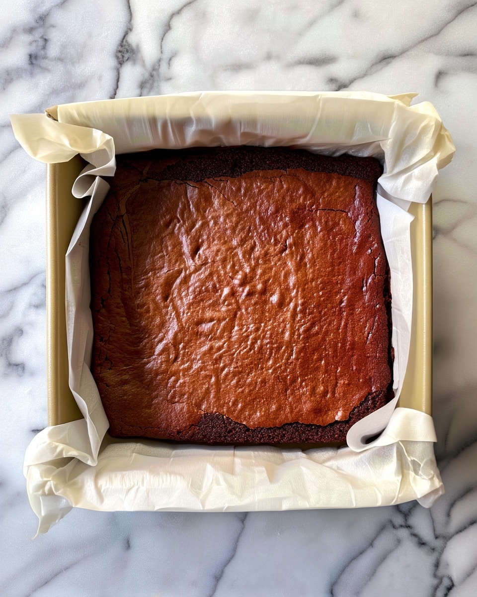 A single layer of freshly baked brownie with a slightly cracked and textured surface in dark brown color sits inside a baking pan lined with white parchment paper that folds over the edges. The baking pan is beige and positioned on a white marbled surface. The brownie fills the pan evenly with rounded corners and a firm look, showing subtle variations in color from darker to lighter brown. photo taken with an iphone --ar 4:5 --v 7