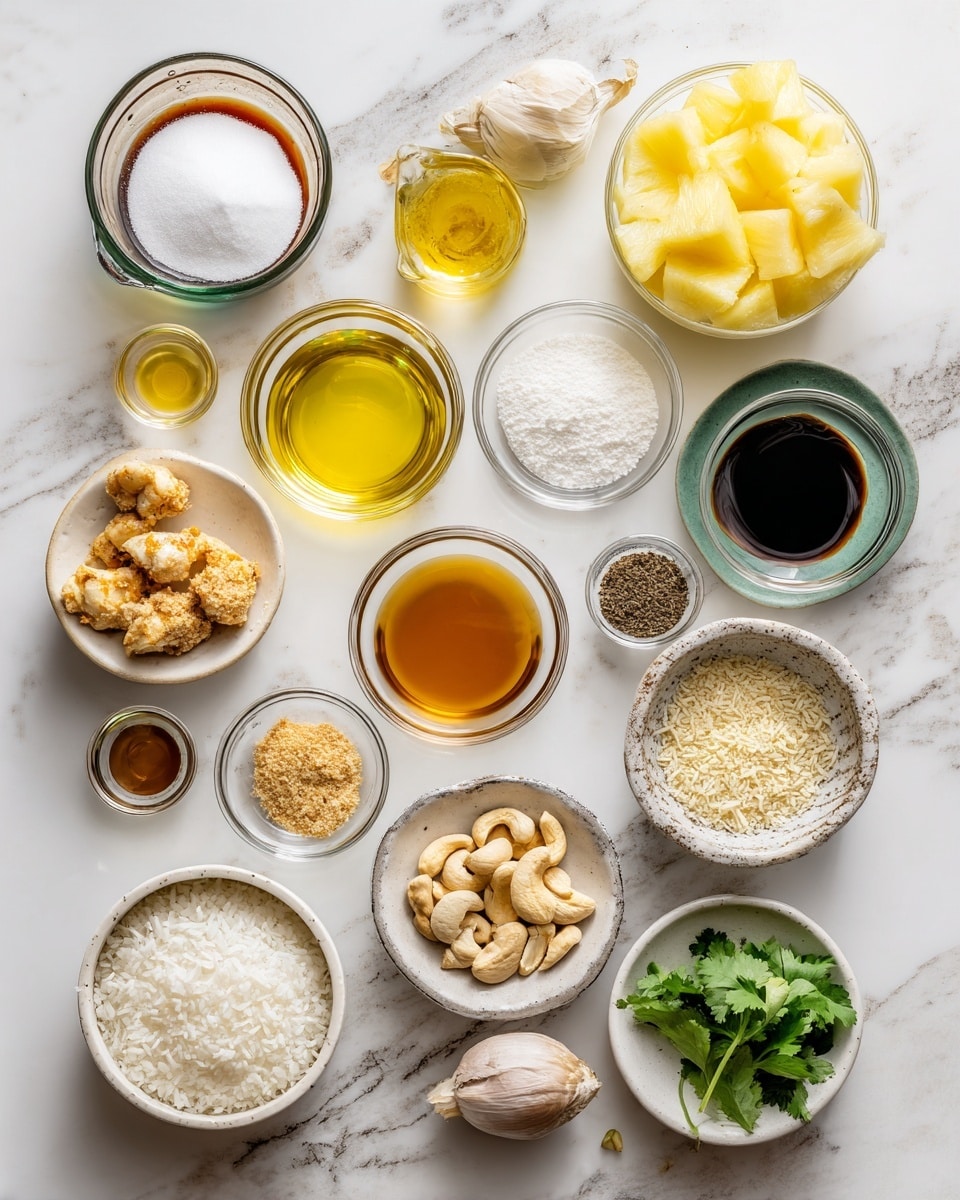 Top-down professional food photography, flat lay style, bright white marble countertop, neatly arranged, evenly spaced, tidy, clean organized layout, include: small glass cup of coconut aminos, small glass cup of full fat canned coconut milk shaken, small glass cup of honey, small bowl of minced garlic, small glass cup of sesame oil, small bowl of kosher salt, small glass cup of pineapple juice, small plate of prepared chicken pieces, small glass cup of olive oil, small glass cup of full fat canned coconut milk shaken, small bowl of garlic powder, small bowl of onion powder, small bowl of ground ginger, small bowl of kosher salt, small bowl of black pepper, small bowl of uncooked jasmine rice, small bowl of pineapple chunks in pineapple juice, small plate of cilantro, small bowl of chopped cashews, small bowl of toasted coconut, bright soft natural lighting, sharp focus, high detail textures, realistic reflections, professional DSLR look, 4K, no finished dish, no cooked food, no hands, no text, no watermark, no brand logos --ar 4:5 --v 7