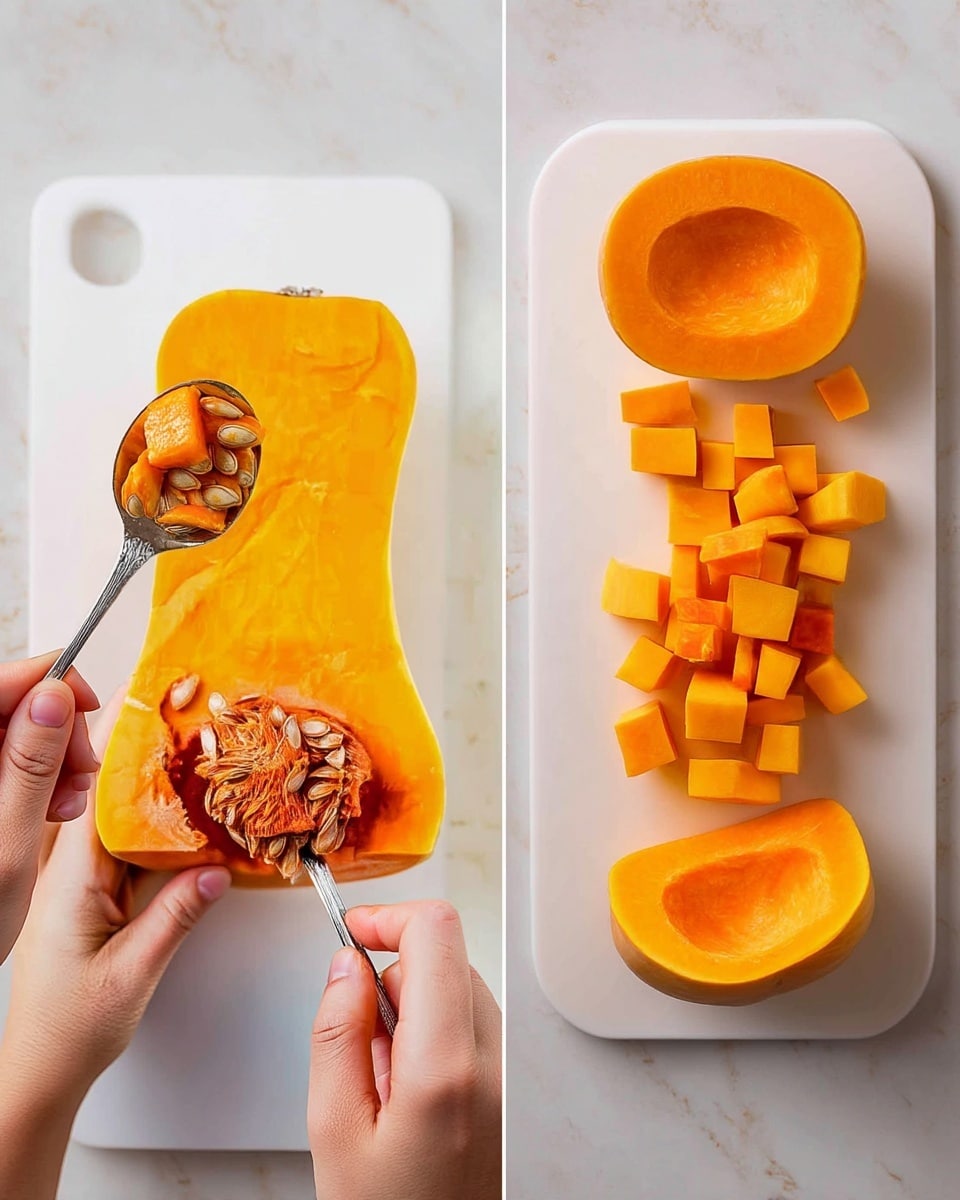 The image is split into two sections. On the left, a pair of woman's hands hold a bright orange butternut squash half with visible seeds and stringy fibers inside, while using a spoon to scoop out the seeds. The squash flesh is smooth and vibrant orange. On the right, the same squash is sliced into thick round pieces arranged in a row on a white cutting board, with the far side showing many small, neat cubed pieces of the same orange squash. The white cutting board sits on a white marbled surface. photo taken with an iphone --ar 4:5 --v 7