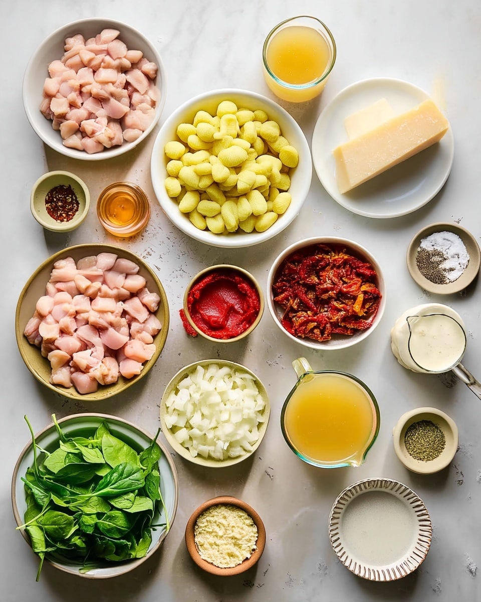 A top view of multiple small white bowls and plates arranged on a white marbled surface, each holding different ingredients. One bowl contains pale pink diced raw chicken, another has yellow gnocchi pieces, and a plate holds fresh green spinach leaves. A bowl near the center is filled with vibrant red sun-dried tomatoes, while a smaller bowl next to it contains bright red tomato paste. There are small bowls of minced garlic, chopped white onions, grated cheese, and two cubes of butter. A chunk of hard cheese sits on a small white plate with a ridged edge. Additional small dishes hold dried herbs, crushed red pepper flakes, and a mixture of salt and pepper. A clear glass pitcher contains light yellow broth, and a small glass jug holds creamy white sauce. Everything is well lit, and the colors are vivid and natural, photo taken with an iphone --ar 4:5 --v 7