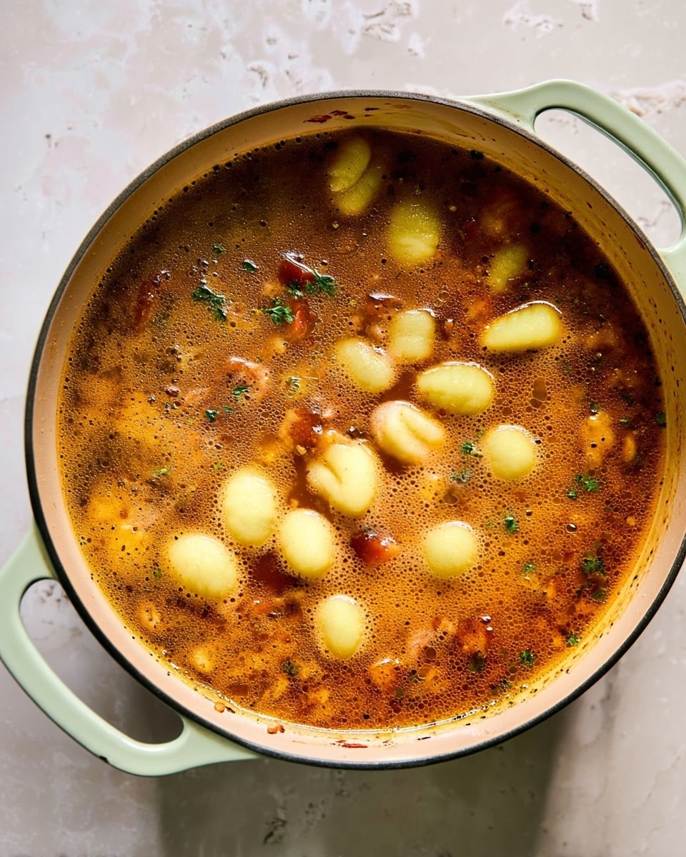 The image shows a light green pot filled with a rich, brown broth that has a hint of orange. Floating on the surface are several small, pale yellow gnocchi, softly rising above the bubbling, flavorful soup. Small bits of diced vegetables and herbs, mainly in orange and dark red tones, are dispersed throughout the broth, adding texture and depth. The pot is placed on a white marbled surface. The photo taken with an iphone --ar 4:5 --v 7