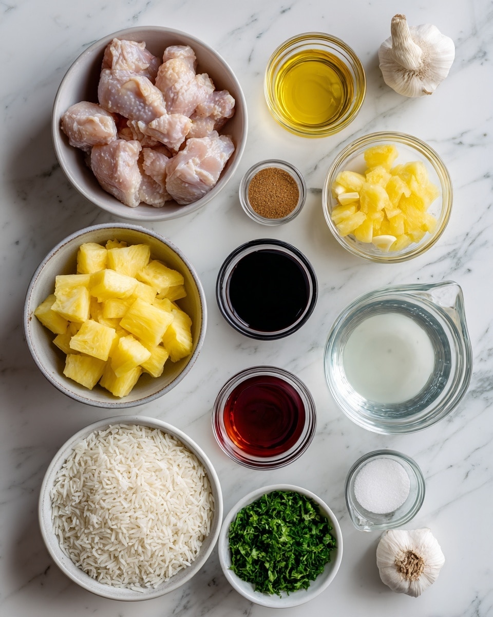 Top-down professional food photography, flat lay style, bright white marble countertop, neatly arranged, evenly spaced, tidy, clean organized layout, include: bowl of prepared chicken pieces, bowl of fresh pineapple chunks, small glass cup of pineapple juice, small glass cup of soy sauce, small bowl of ketchup, small bowl of brown sugar, small bowl of fresh garlic cloves, small glass cup of canola oil, small glass cup of honey, bowl of basmati rice, glass measuring cup of coconut milk, glass measuring cup of water, small bowl of chopped fresh parsley, bright soft natural lighting, sharp focus, high detail textures, realistic reflections, professional DSLR look, 4K, no finished dish, no cooked food, no hands, no text, no watermark, no brand logos --ar 4:5 --v 7
