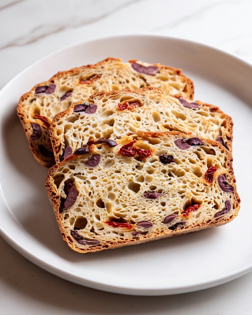 The image shows three slices of bread on a white plate. The bread has a light brown crust and a soft, airy inside with many holes. Each slice has dark purple-black olive pieces and small red sun-dried tomato bits spread evenly throughout. The plate sits on a white marbled surface. photo taken with an iphone --ar 4:5 --v 7