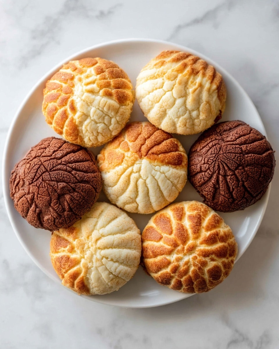 A white plate holds six round Mexican conchas arranged in a circle on a white marbled surface. Each concha has a soft, tan-colored base and is topped with a thick, shell-patterned sugar crust layer. Three conchas have a creamy white top layer with visible cracks forming a shell shape, while the other three have a rich chocolate brown top layer with the same cracked shell pattern. The overall texture looks soft and slightly crumbly, with the sugar crust ridges creating a distinct, cozy pattern. Photo taken with an iphone --ar 4:5 --v 7