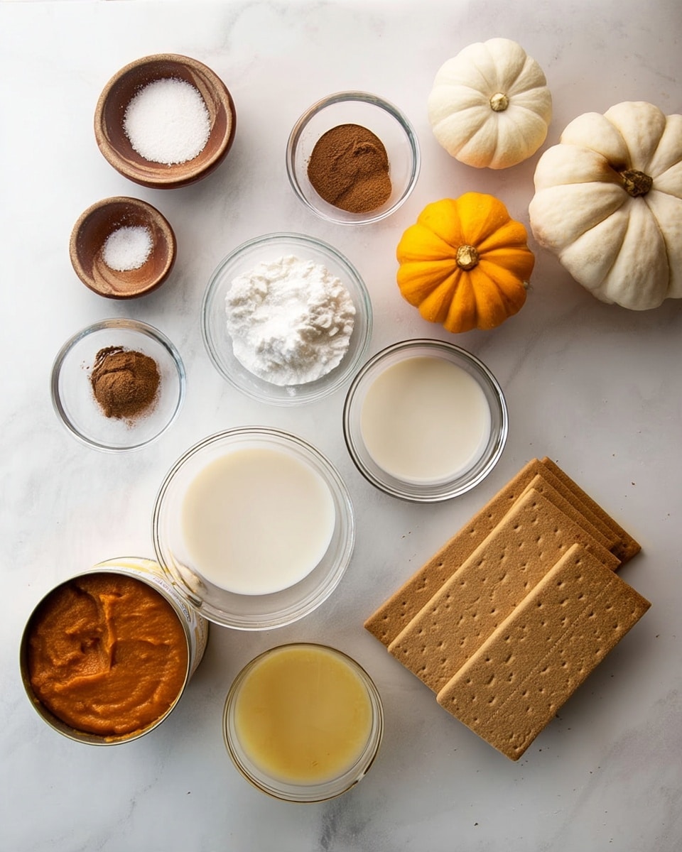The image shows a flat lay of ingredients set neatly on a white marbled surface. There are three small white pumpkins on the right side, spaced apart. From top left, a small brown bowl holds coarse salt, next to that is a clear glass bowl with brown cinnamon powder, and below it another clear glass bowl has a darker brown spice, likely ground cloves or nutmeg. In the center is a glass bowl filled with white granulated sugar. To the right of the sugar bowl is a clear glass bowl with white milk. Near the bottom right are four rectangular graham crackers placed in a slightly fanned stack. Below the sugar bowl is another clear glass bowl with white powder, likely baking powder. Bottom left has an opened can filled with thick orange pumpkin puree. To the right of the can is a small clear glass bowl filled with golden maple syrup. Below the syrup bowl is another clear glass bowl with a pale yellow liquid, possibly oil. The overall layout is clean and organized with the ingredients spaced evenly. Photo taken with an iphone --ar 4:5 --v 7