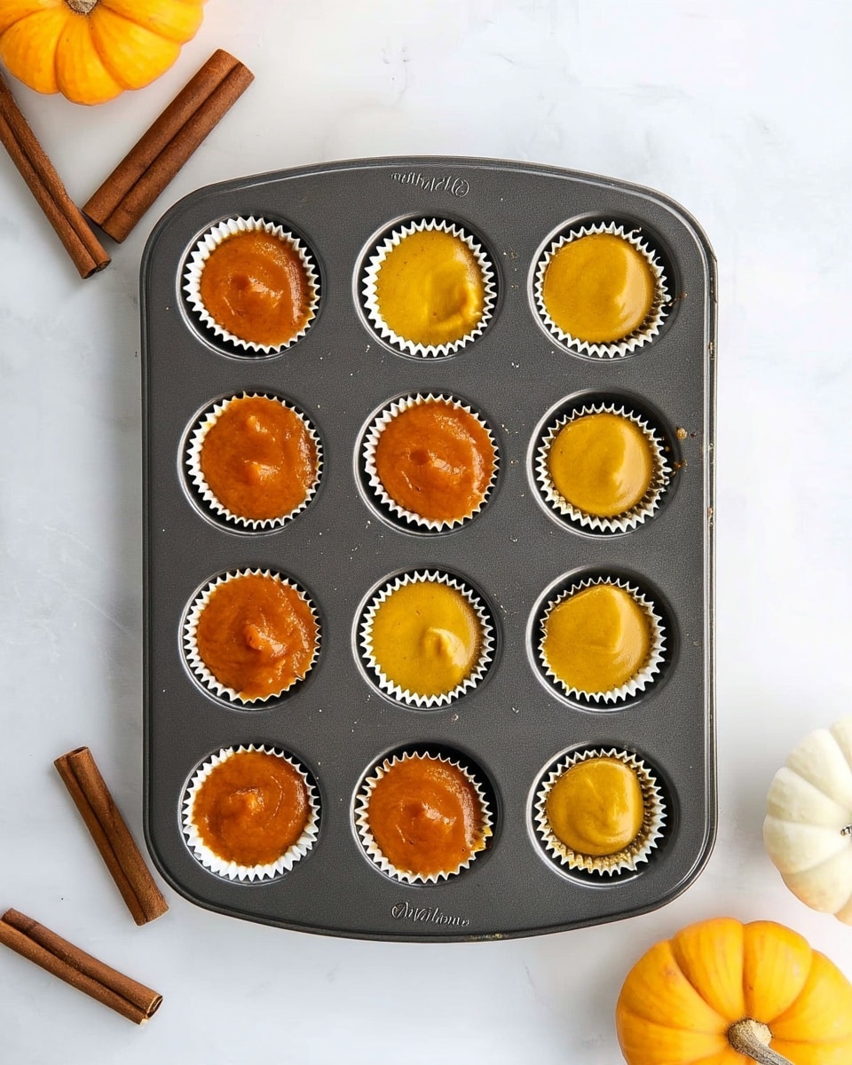 A dark gray metal muffin tray filled with twelve white paper liners, each filled with smooth, orange batter that is level and glossy, nearly to the top of each liner. The tray is placed on a white marbled surface with two cinnamon sticks and a small orangish pumpkin in the top left corner, and a small white pumpkin and a larger orange pumpkin in the bottom right. The batter looks thick and evenly portioned in all the cups, with slight dimples or peaks in the center of some. photo taken with an iphone --ar 4:5 --v 7