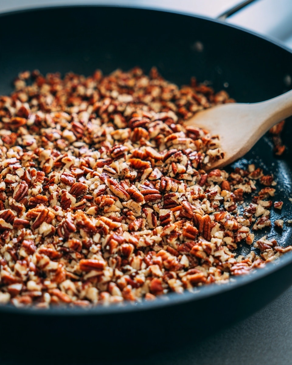 The image shows a close-up view of a black frying pan filled with many small pieces of chopped pecans being toasted. The pecans are light to medium brown with some off-white bits, spread evenly across the pan's surface. The texture of the nuts looks crunchy and slightly rough. A light-colored spatula is visible on the right side, gently stirring the pecans. The background is blurred, focusing attention on the nuts and the pan. photo taken with an iphone --ar 4:5 --v 7