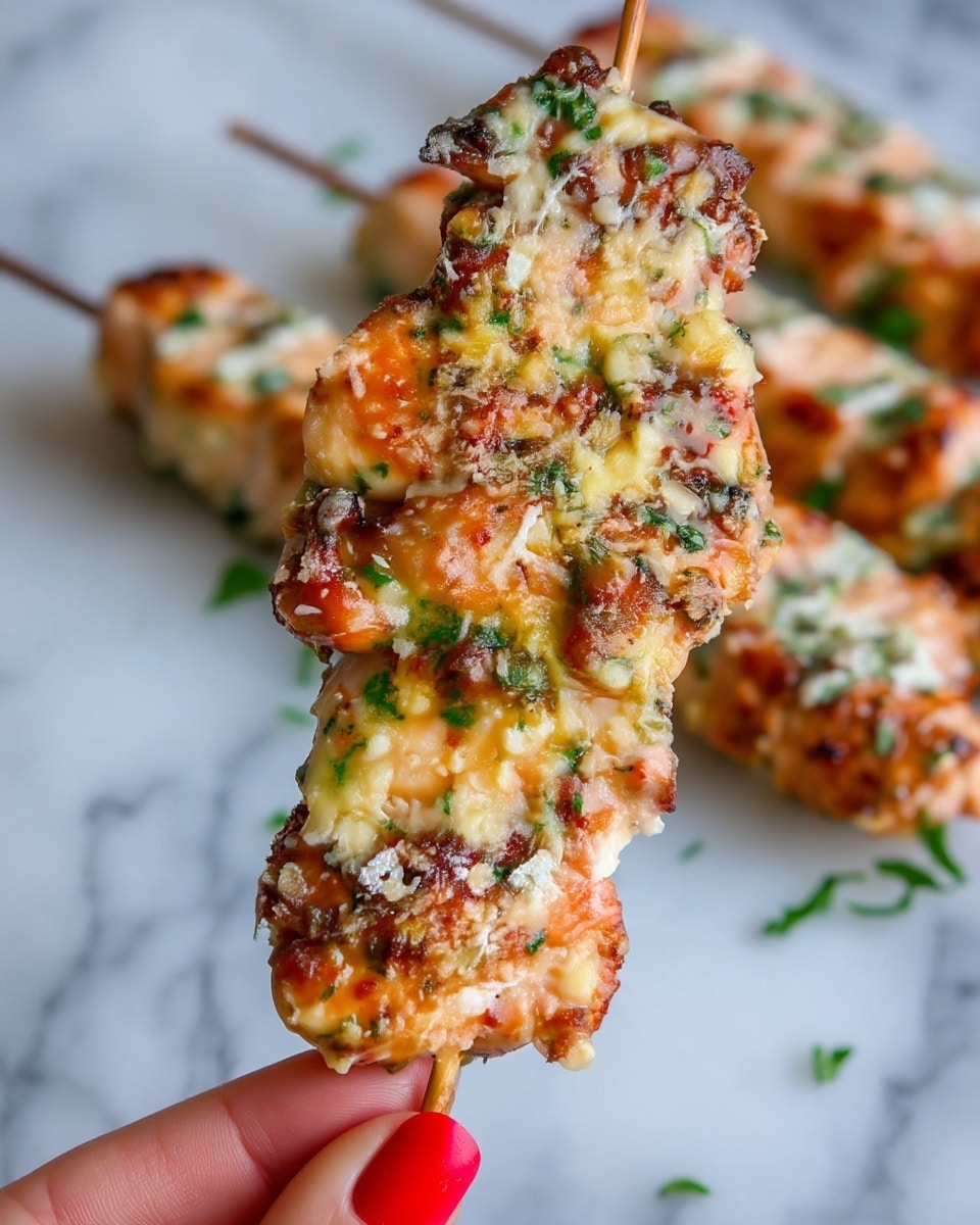 A close-up view of a skewer with three pieces of grilled chicken layered on the stick. Each chicken piece is golden brown with a mix of crispy edges and soft spots, topped with a generous layer of melted cheese and finely chopped green herbs sprinkled all over, adding texture and color contrast. In the background, several similar skewers lie flat on a white marbled surface, slightly out of focus. A woman's hand with red-painted nails holds the bottom of the skewer in the foreground, giving scale and detail to the image photo taken with an iphone --ar 4:5 --v 7