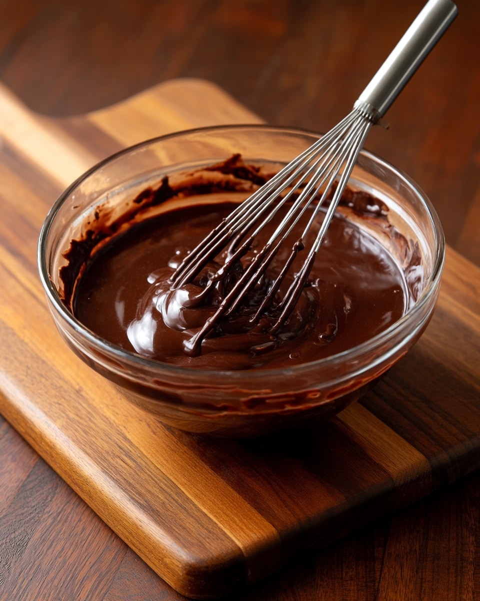 A clear glass bowl filled with a thick, smooth, dark chocolate mixture with a shiny and creamy texture, being stirred by a metal whisk inside the bowl. The bowl is sitting on a rich, dark wooden cutting board with visible grain patterns. The chocolate mixture coats the sides of the bowl unevenly, showing the movement from stirring. photo taken with an iphone --ar 4:5 --v 7