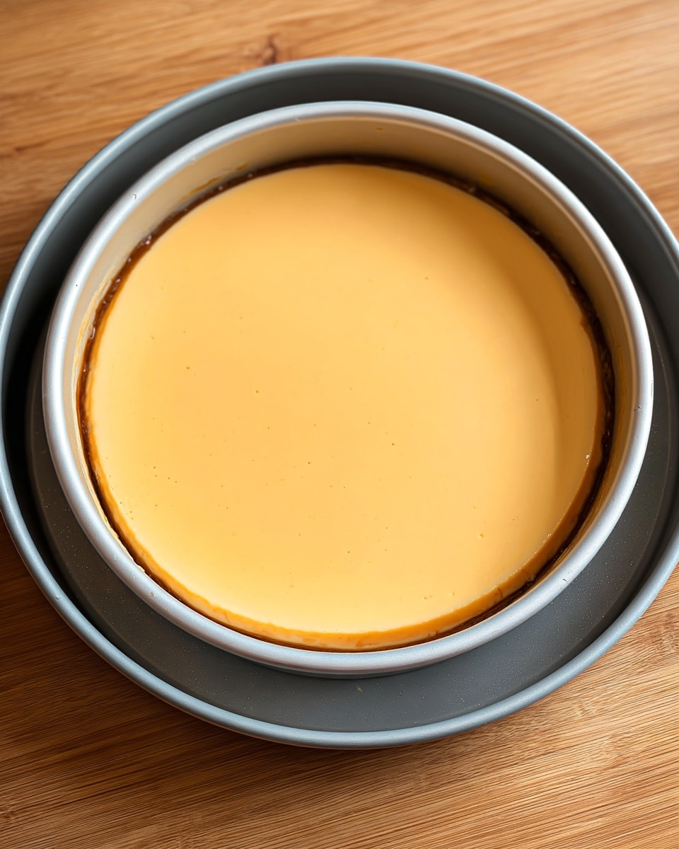 A smooth, round flan with a single creamy layer of light caramel color sits inside a silver round baking pan resting in a larger gray pan. The flan surface is shiny and reflective, showing a soft, even texture without any cracks or bubbles. The pans are placed on a wooden surface, which contrasts with the smoothness of the flan. The whole setup is viewed from above, showing the perfect round shape and clean edges of the flan. photo taken with an iphone --ar 4:5 --v 7