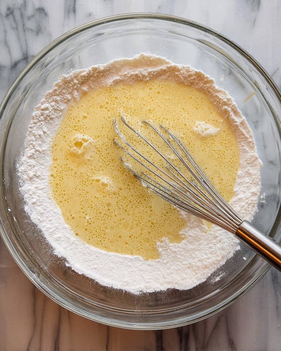 A clear glass bowl holds a mixture with two layers: the bottom layer is powdery white flour spread evenly along the edges, and the top layer is a light yellow, bubbly liquid batter partially covering the flour. A thin metal whisk with several pins is lying in the bowl, partly submerged in the batter. The bowl is placed on a white marbled surface. photo taken with an iphone --ar 4:5 --v 7