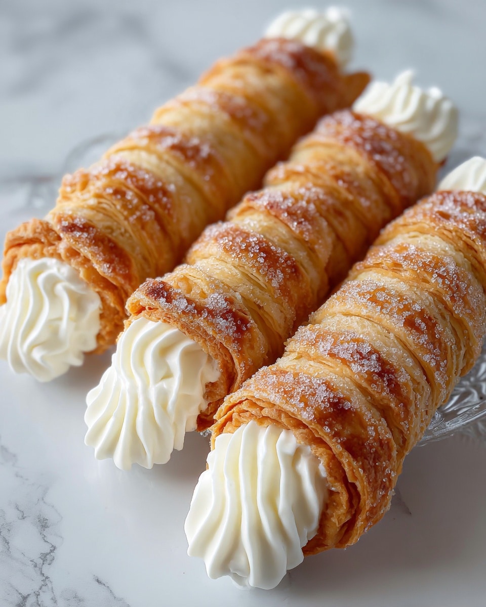 The image shows three cream-filled rolled pastries lying closely together on a white marbled surface. Each pastry is golden brown with a light dusting of sugar crystals, giving them a slightly shiny and textured look. The pastries have clear, curved ridges from the rolled dough, making them look flaky and layered. At each end, thick white cream swirls out smoothly, adding softness to the crispy exterior. The pastries are arranged on a clear plate that slightly reflects the shapes. photo taken with an iphone --ar 4:5 --v 7