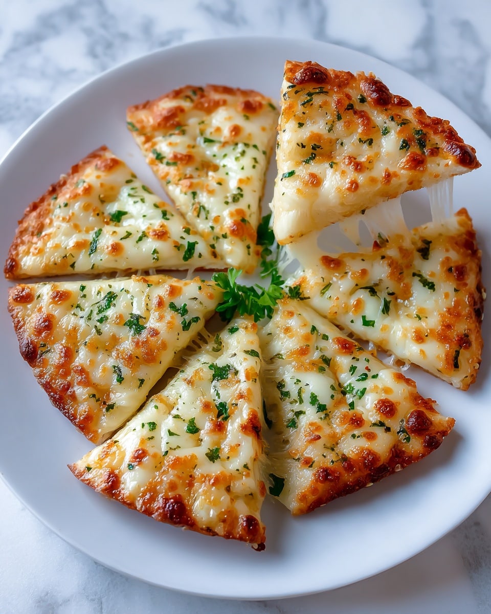 A white plate holds seven triangular slices of cheese bread arranged in a circle, with one slice slightly lifted showing strings of melted, golden-brown cheese stretching. Each slice has a crispy, browned cheese top dotted with green parsley bits, creating a mix of creamy white, light brown, and green colors. The bread underneath is thin and lightly toasted, adding a crunchy texture to the soft, melted cheese layers on top. The plate sits on a white marbled surface. photo taken with an iphone --ar 4:5 --v 7