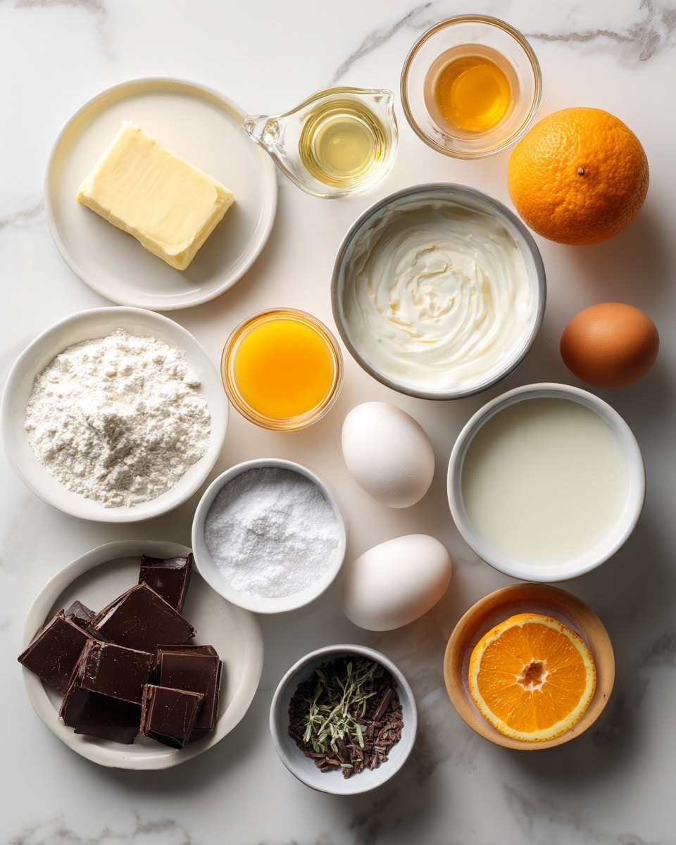 Top-down professional food photography flat lay style, bright white marble countertop, neatly arranged, evenly spaced, tidy, clean organized layout, include: small plate of unsalted butter, small glass cup of vegetable oil, glass measuring cup of milk, small glass cup of mandarin juice, small bowl of sugar, bowl of flour, small plate with eggs, bowl of sugar, bowl with mandarin/orange zest, bowl of thickened cream, bowl of white sugar, small glass cup of fresh mandarin/orange juice, bowl with mandarin/orange zest, small bowl with orange food coloring, small bowl of lemon thyme leaves, small plate with thin compound chocolate pieces, bright soft natural lighting, sharp focus, high detail textures, realistic reflections, professional DSLR look, 4K, no finished dish, no cooked food, no hands, no text, no watermark, no brand logos --ar 4:5 --v 7