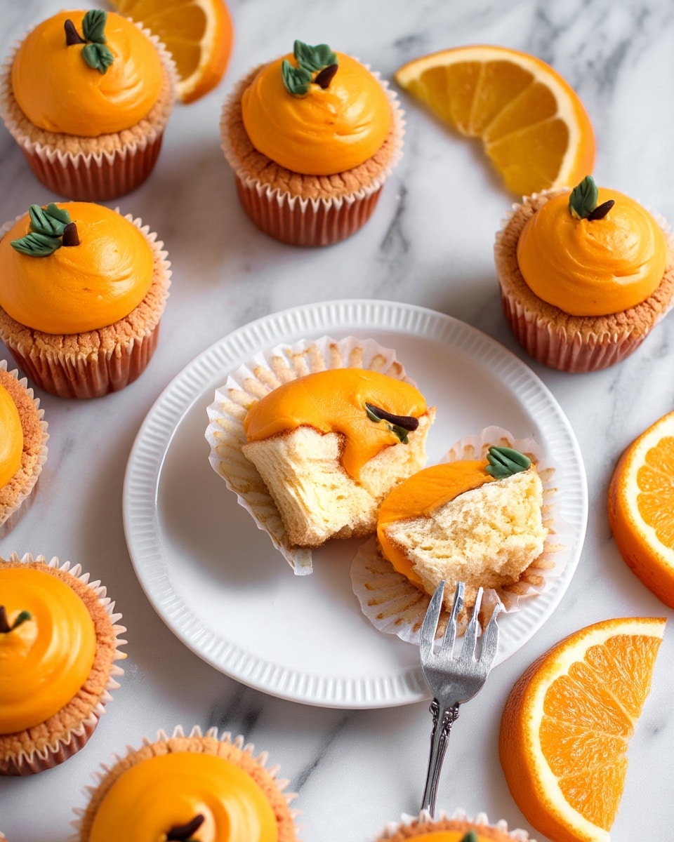 The image shows several small pumpkin-shaped cupcakes with a smooth, bright orange frosting on top, each with a tiny green leaf and a small dark stem decoration. The cupcakes have light brown cake bases and sit in white paper liners. One cupcake on a white plate in the center is opened up, showing the soft, fluffy light yellow cake inside, with the orange frosting slightly spread inside the liner. A silver fork is placed near the opened cupcake on the plate. Around the plate, more whole cupcakes and two orange slices are arranged on a white marbled surface. Photo taken with an iphone --ar 4:5 --v 7